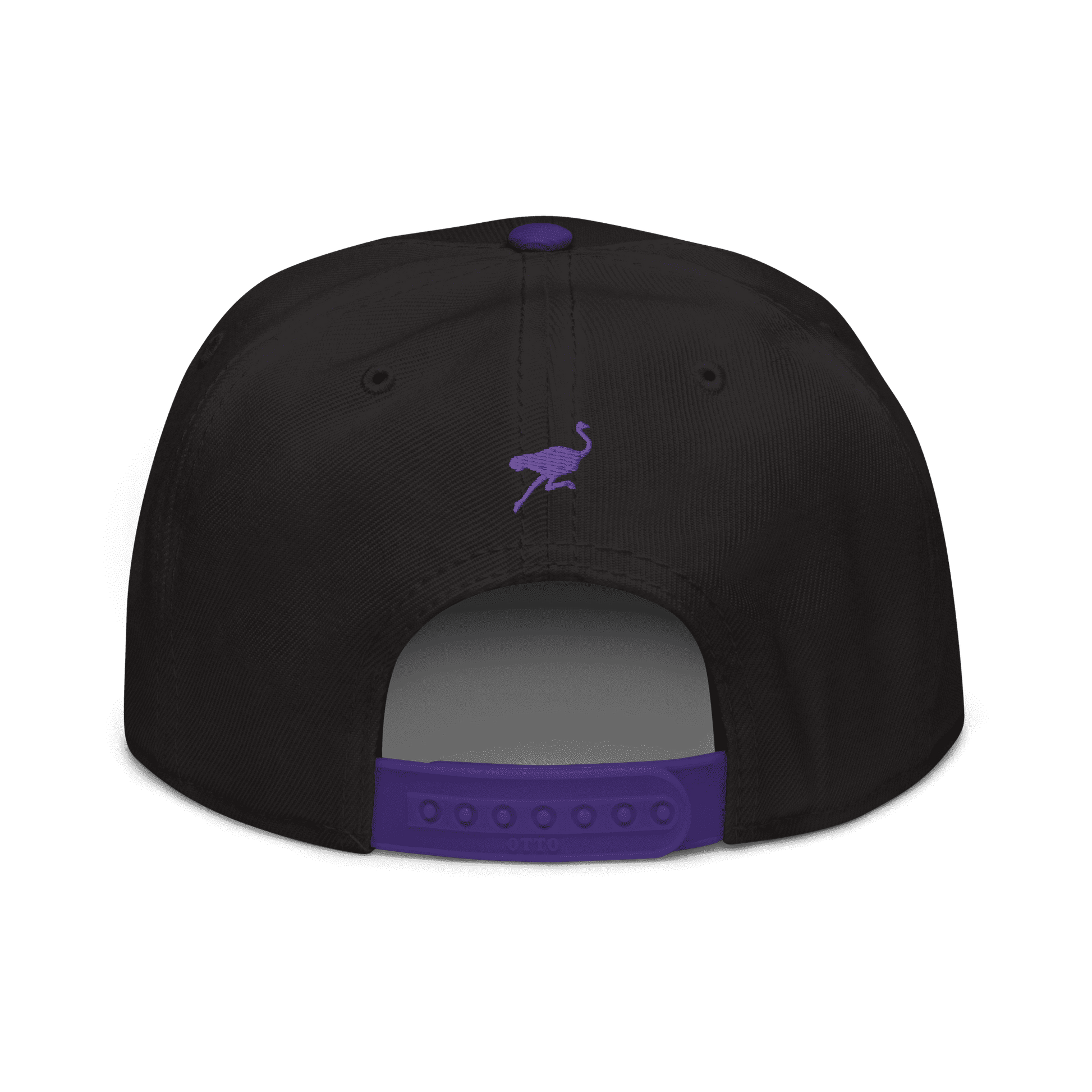 Back view of a black and purple nostr snapback hat.