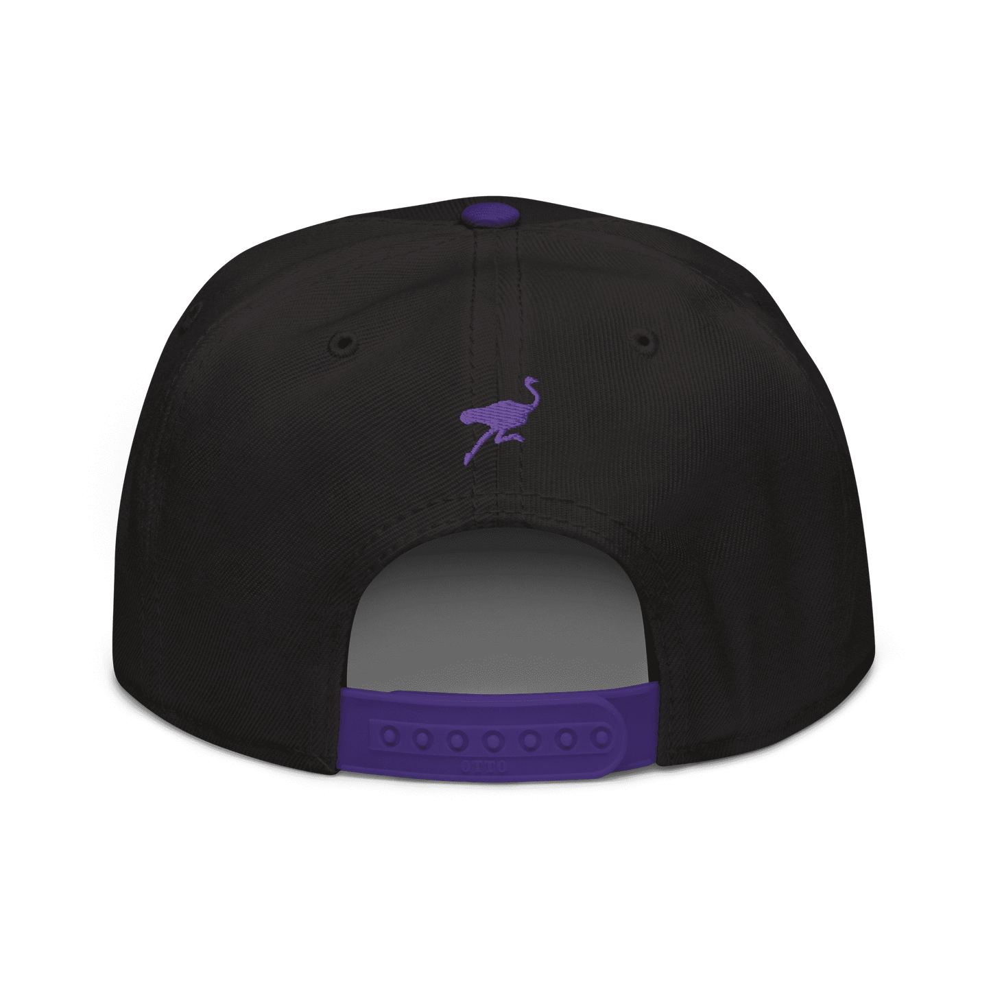 Back view of a black and purple nostr snapback hat.