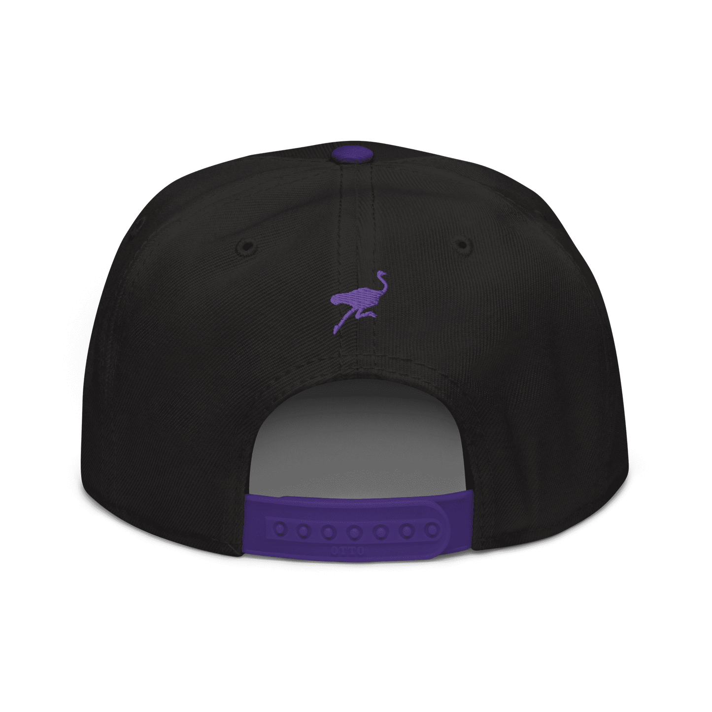 Back view of a black and purple nostr snapback hat.