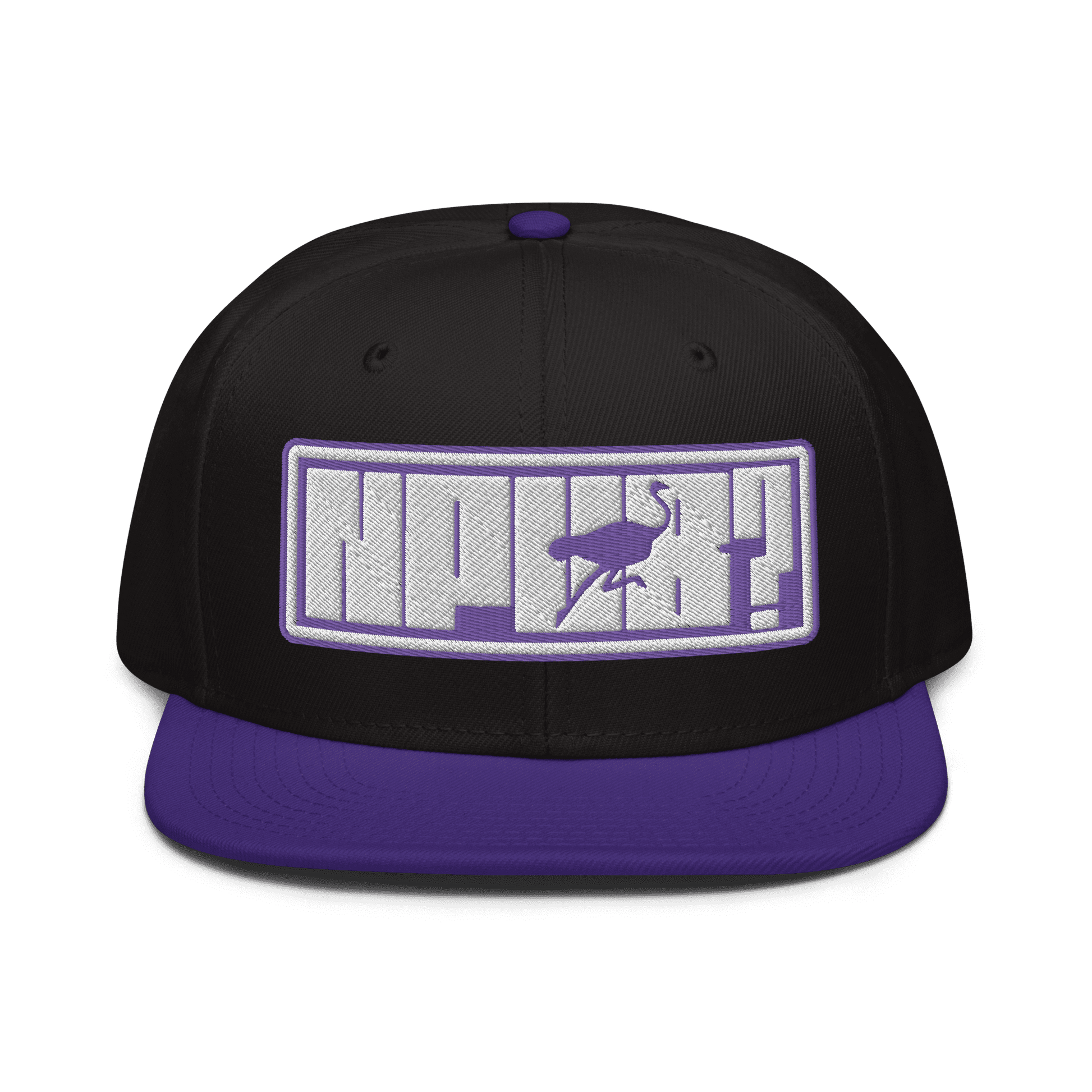 Front view of a black and purple nostr snapback hat.