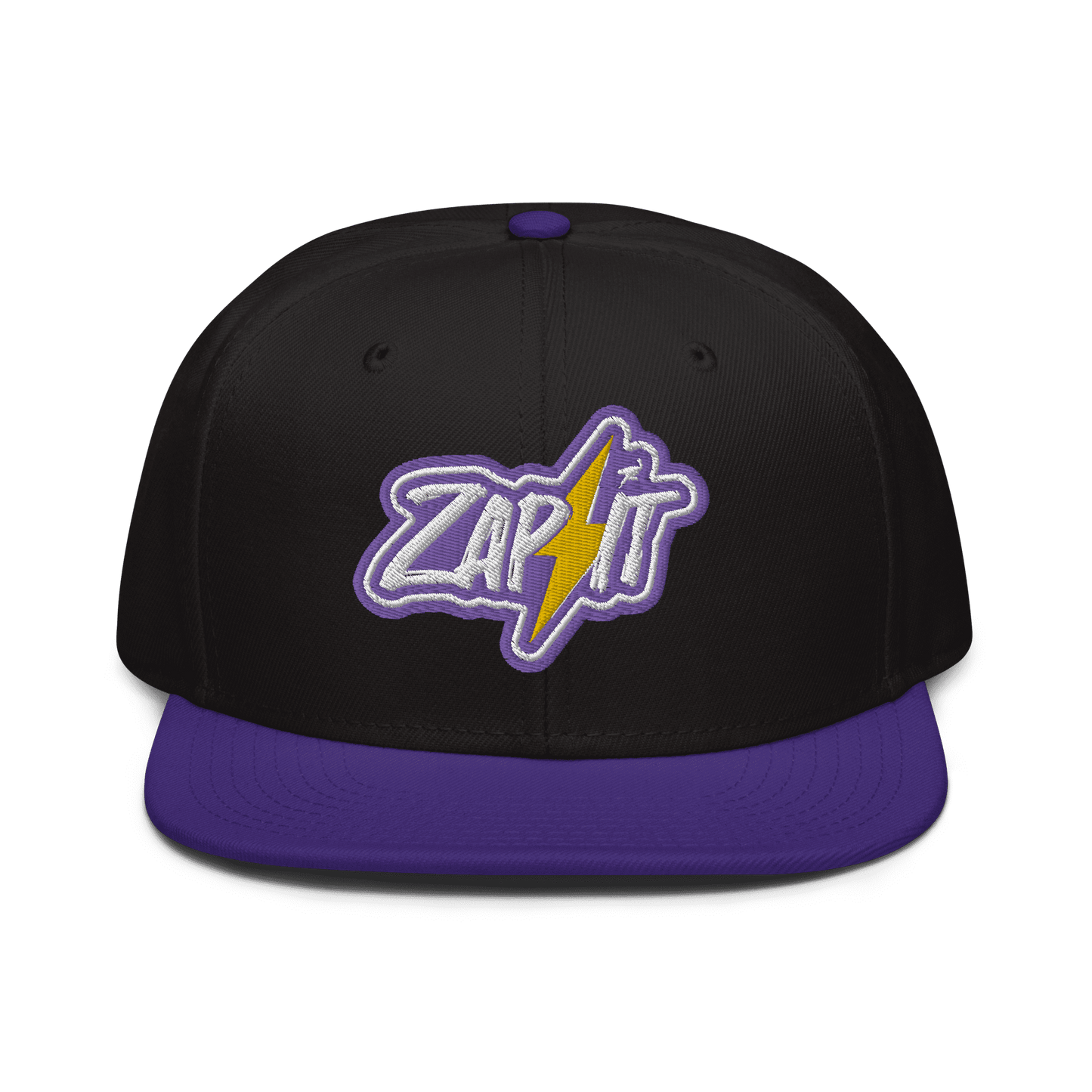 Front view of a black and purple nostr snapback hat.
