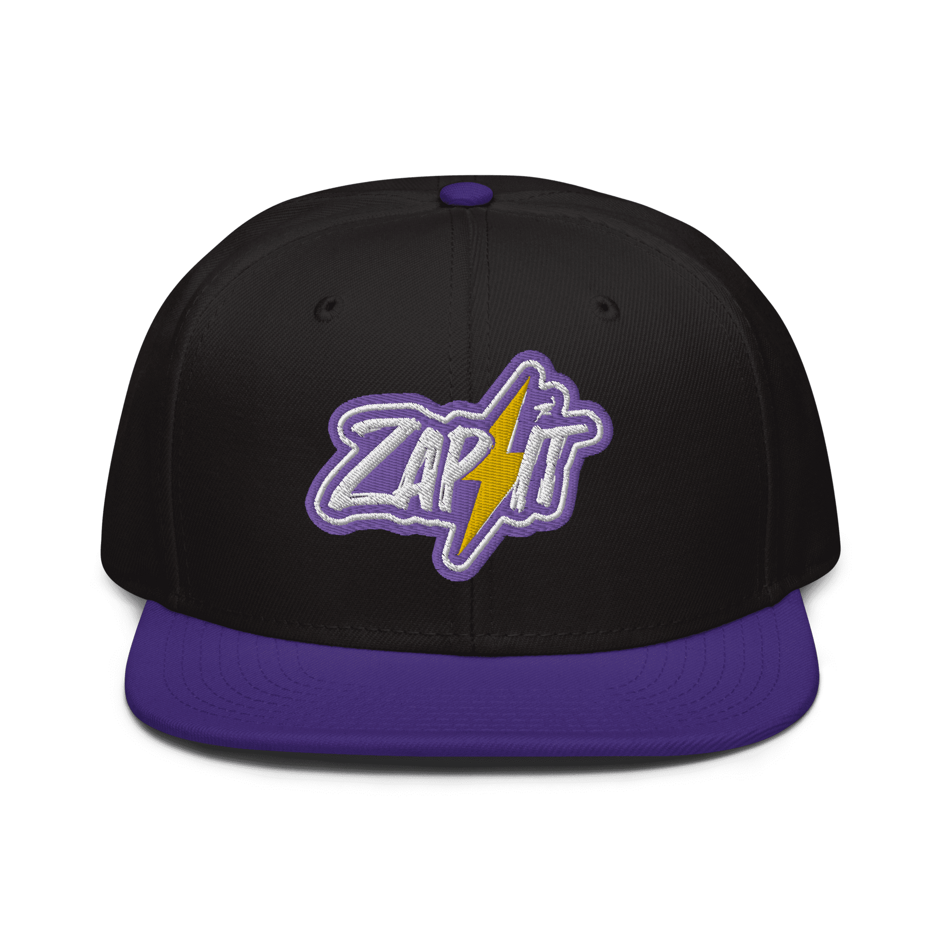 Front view of a black and purple nostr snapback hat.