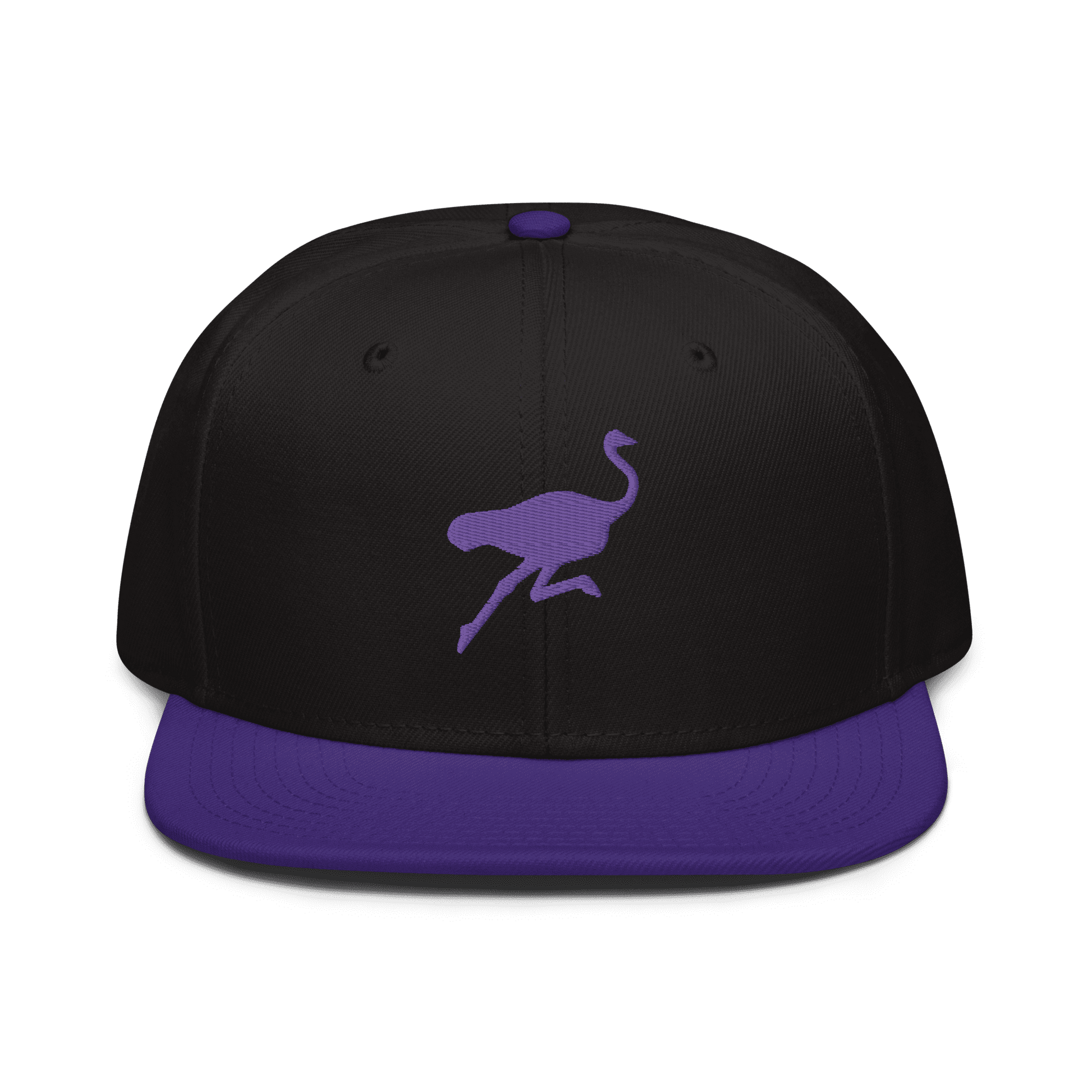 Front view of a black and purple nostr snapback hat.