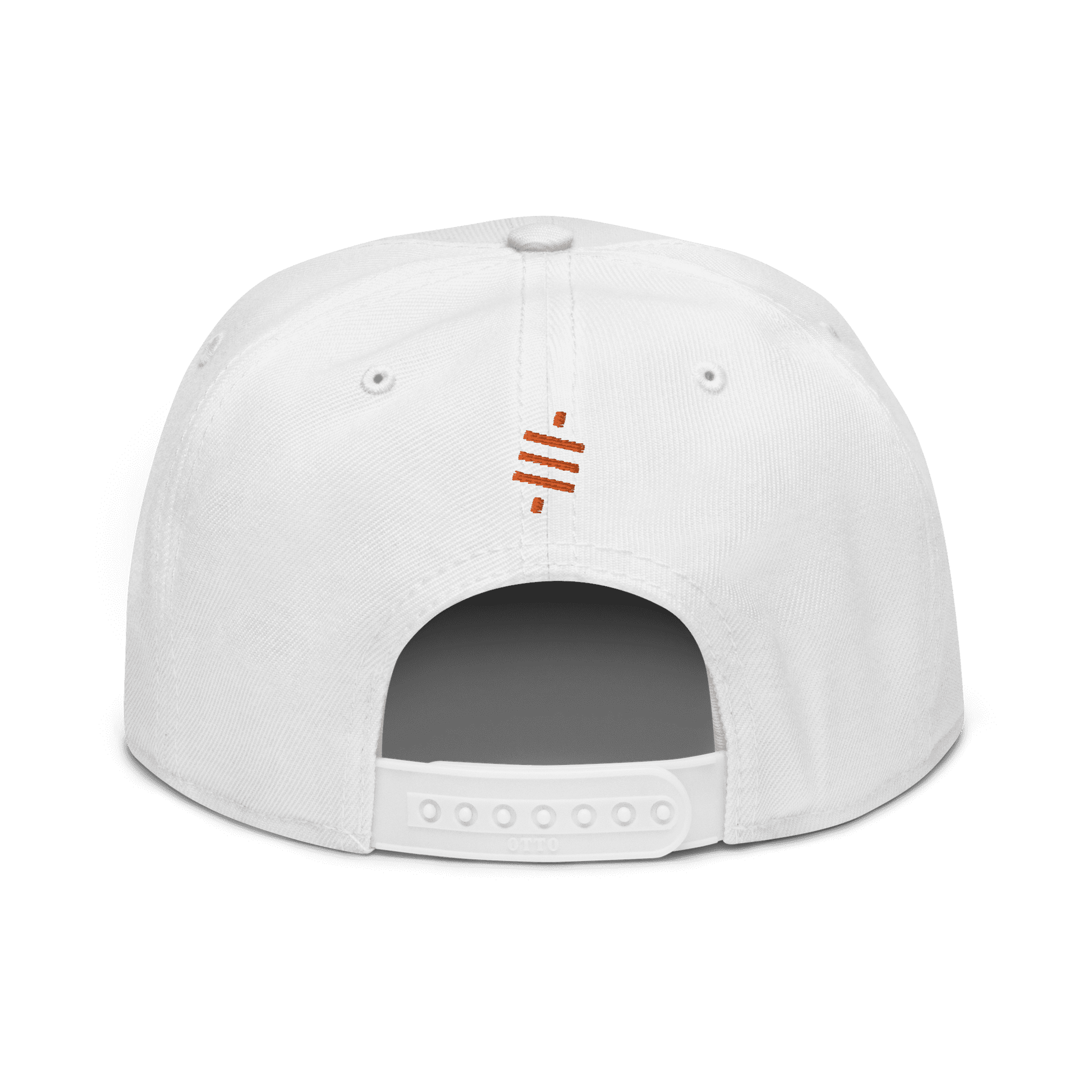 Back view of a white bitcoin snapback hat.