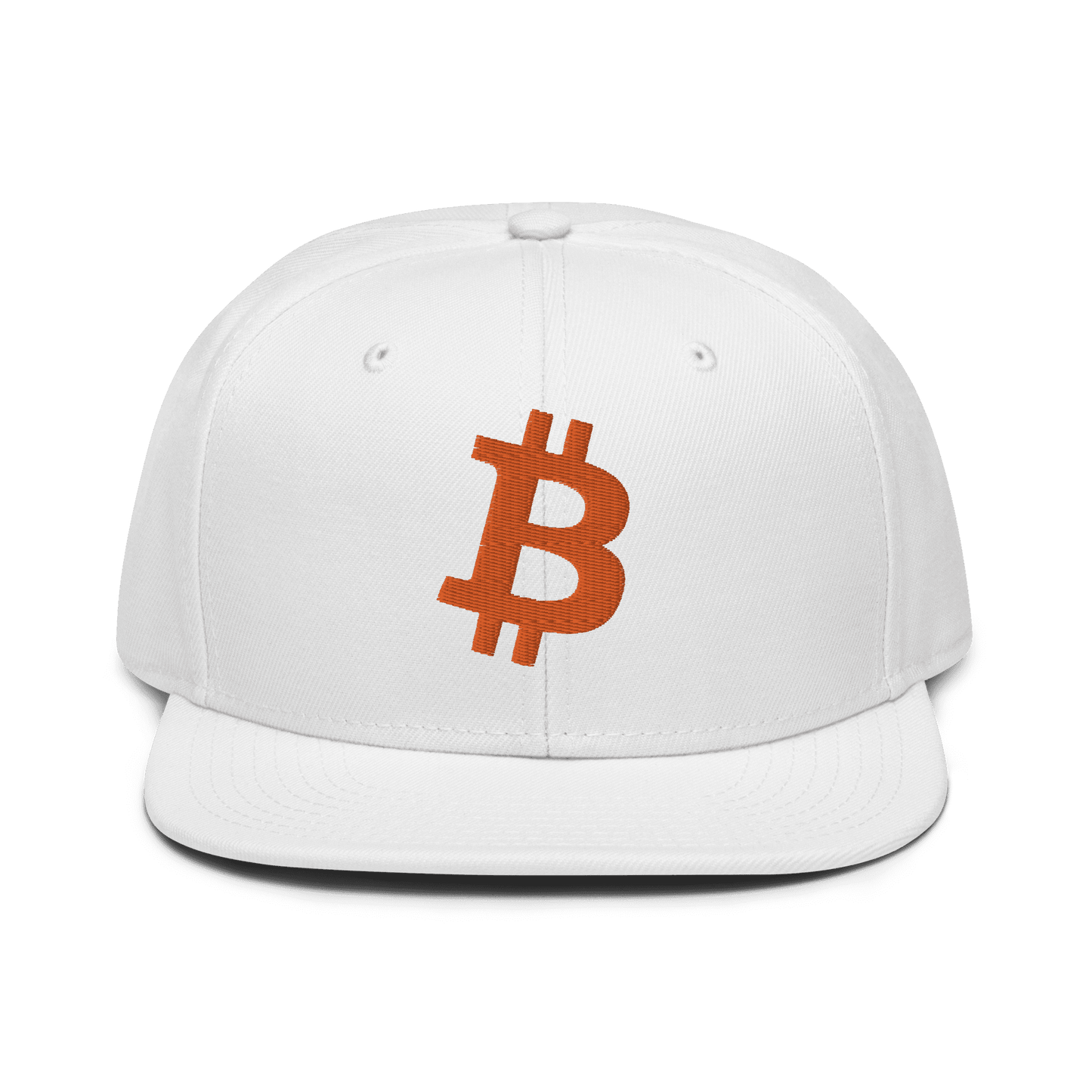 Front view of a white bitcoin snapback hat.