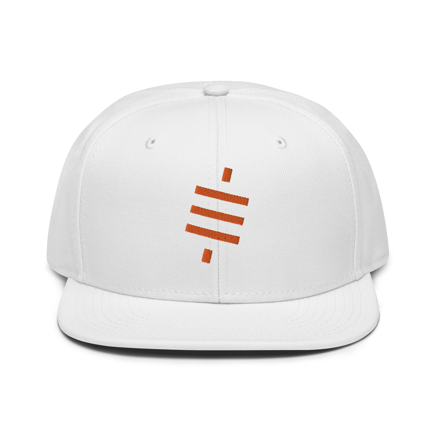 Front view of a white bitcoin snapback hat.