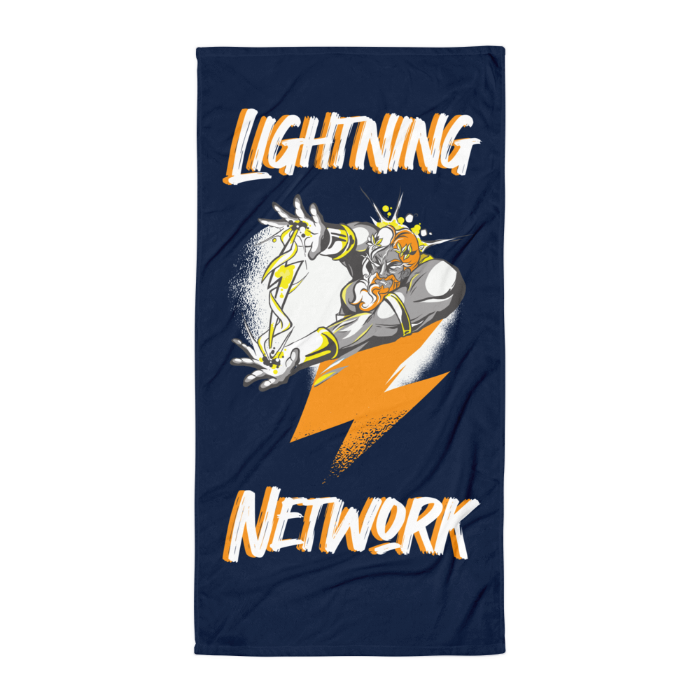 Front view of a navy blue zeus bitcoin towel.