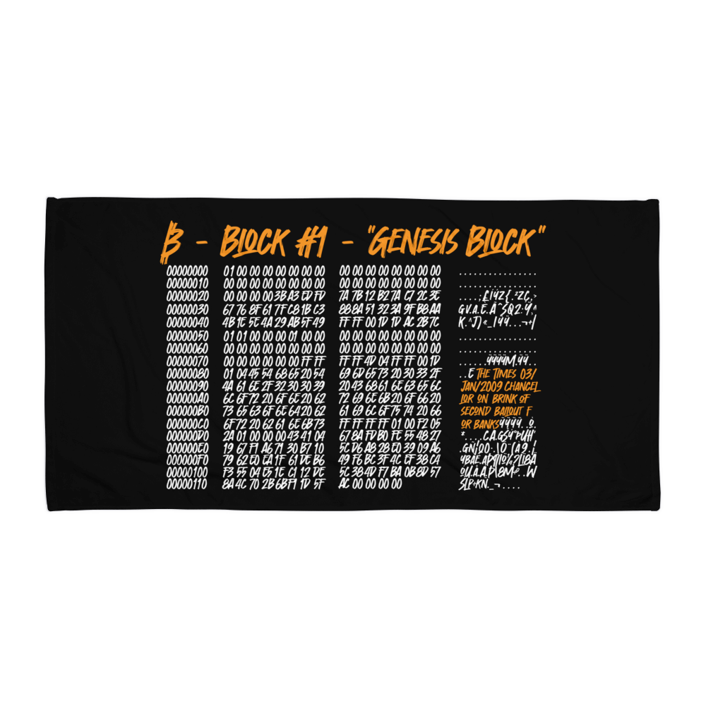 Front view of a black genesis block bitcoin towel.