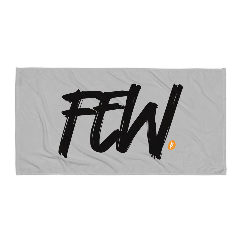 Front view of a grey few bitcoin towel.