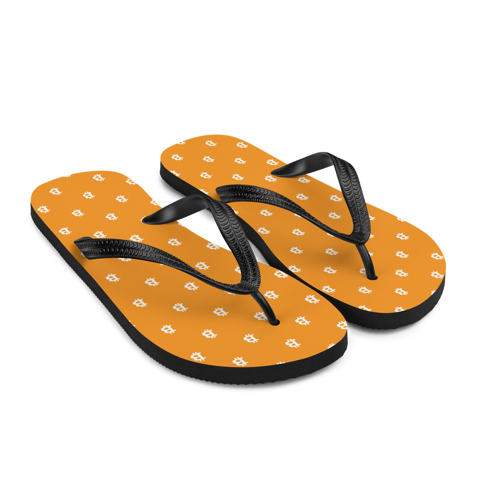 Side view of a pair of orange bitcoin flip flops.