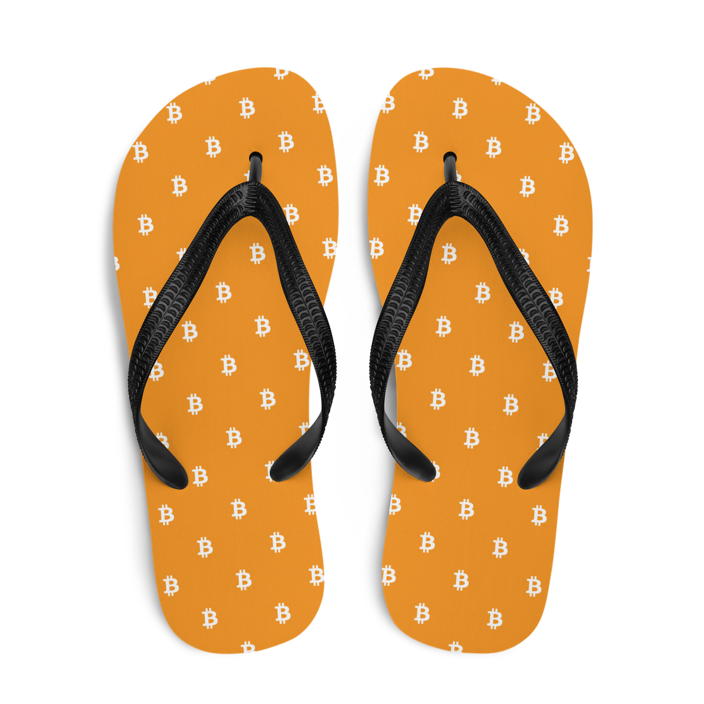 Top view of a pair of orange bitcoin flip flops.
