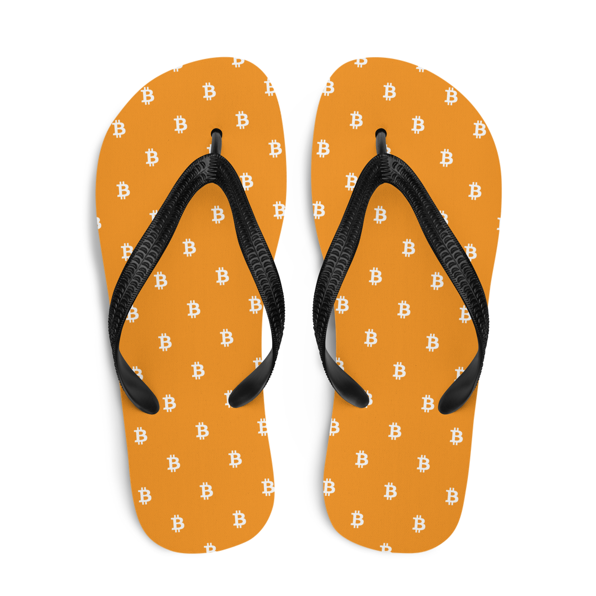 Top view of a pair of orange bitcoin flip flops.