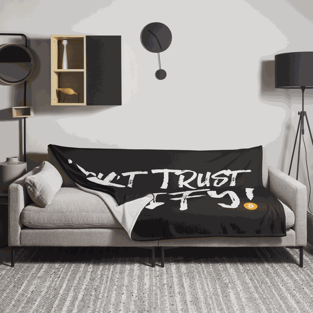 Don't Trust Verify throw blanket with bitcoin design, soft silk touch, 60x80 inches, white reverse, machine-washable, hypoallergenic