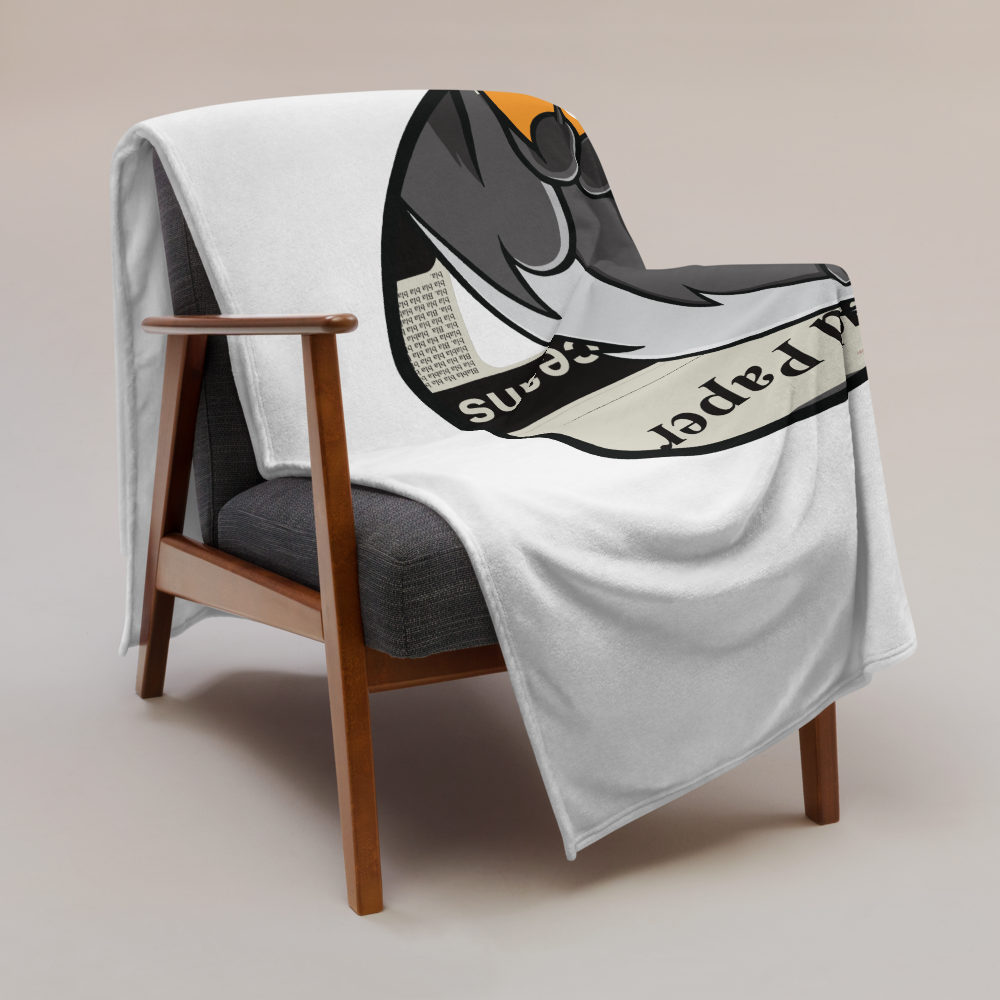 View of a sofa with an white bitcoin blanket.
