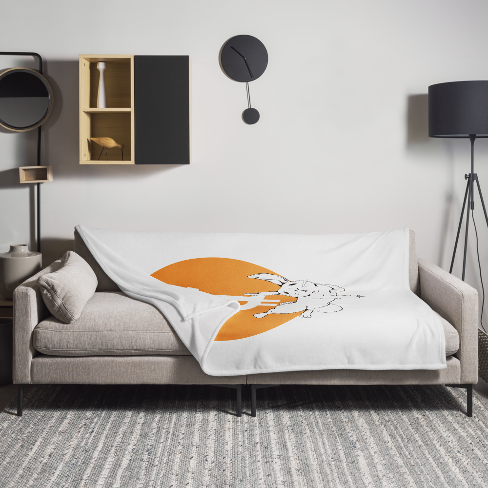 View of a sofa with an white bitcoin blanket.