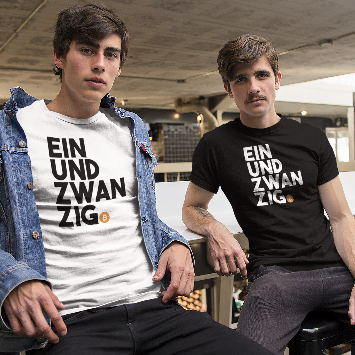 To guys wearing einundzwanzig merchandise.