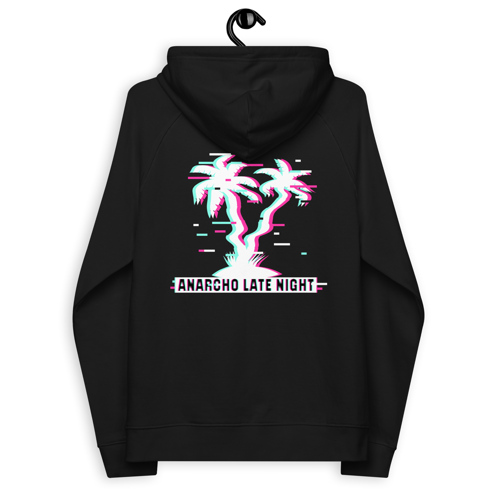 Back view of a black aln hoodie.