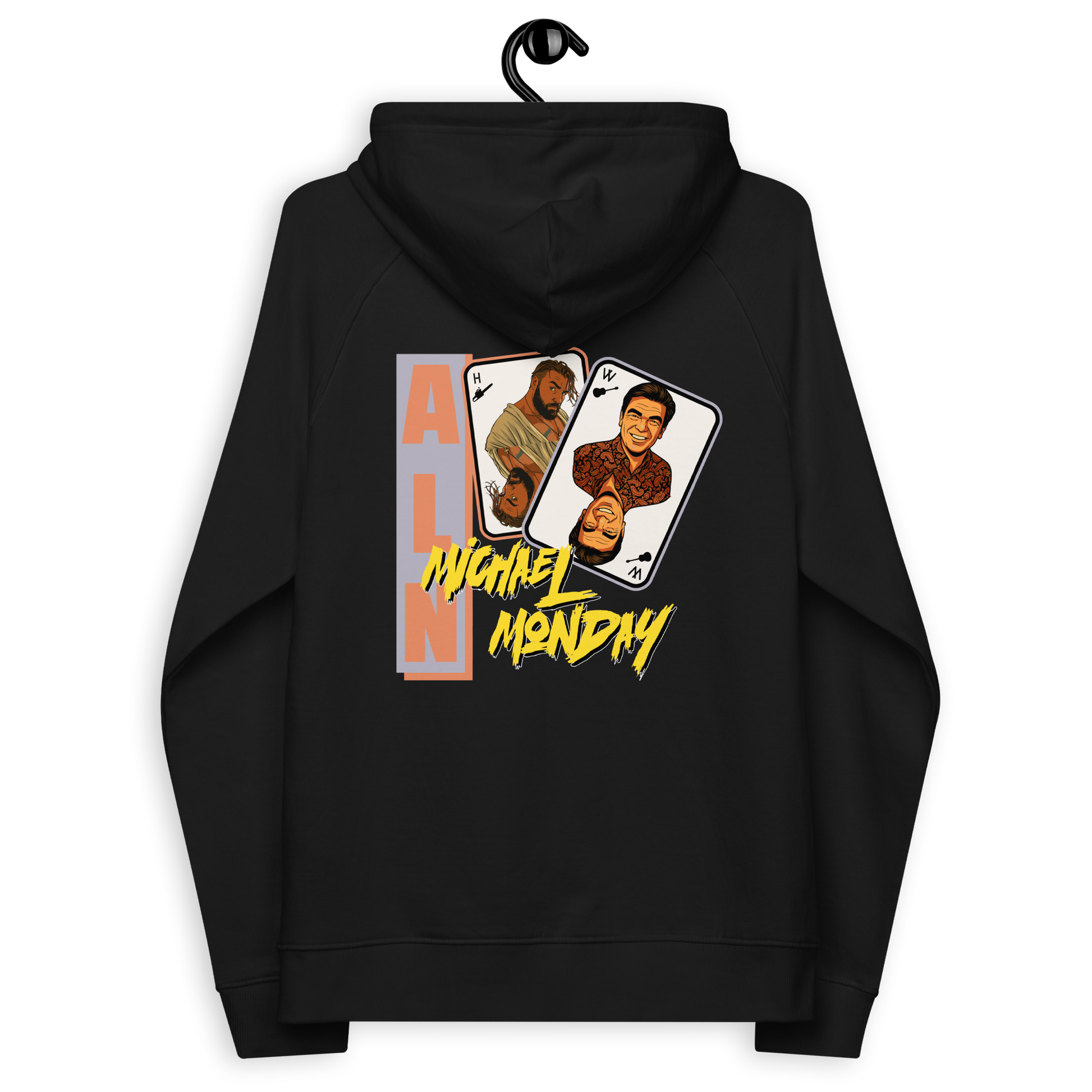 Back view of a black aln hoodie.