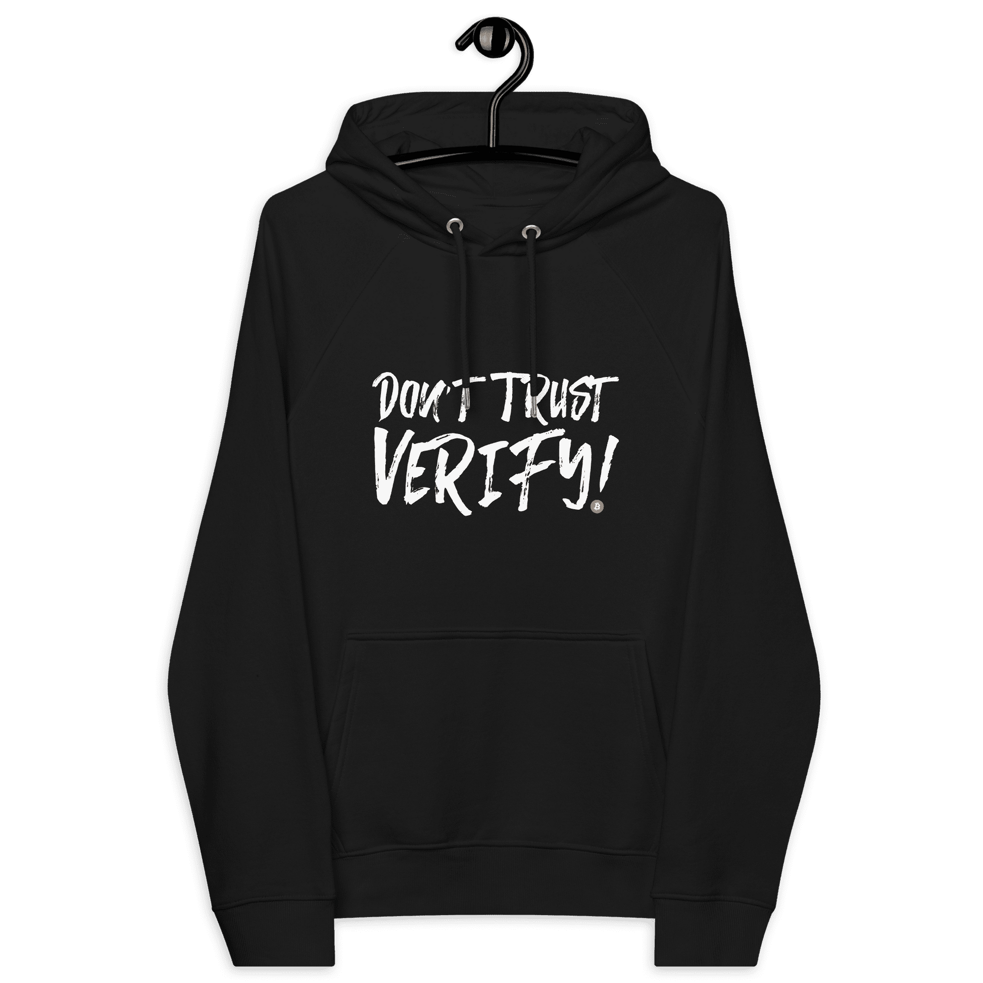 Front view of a black bitcoin hoodie.