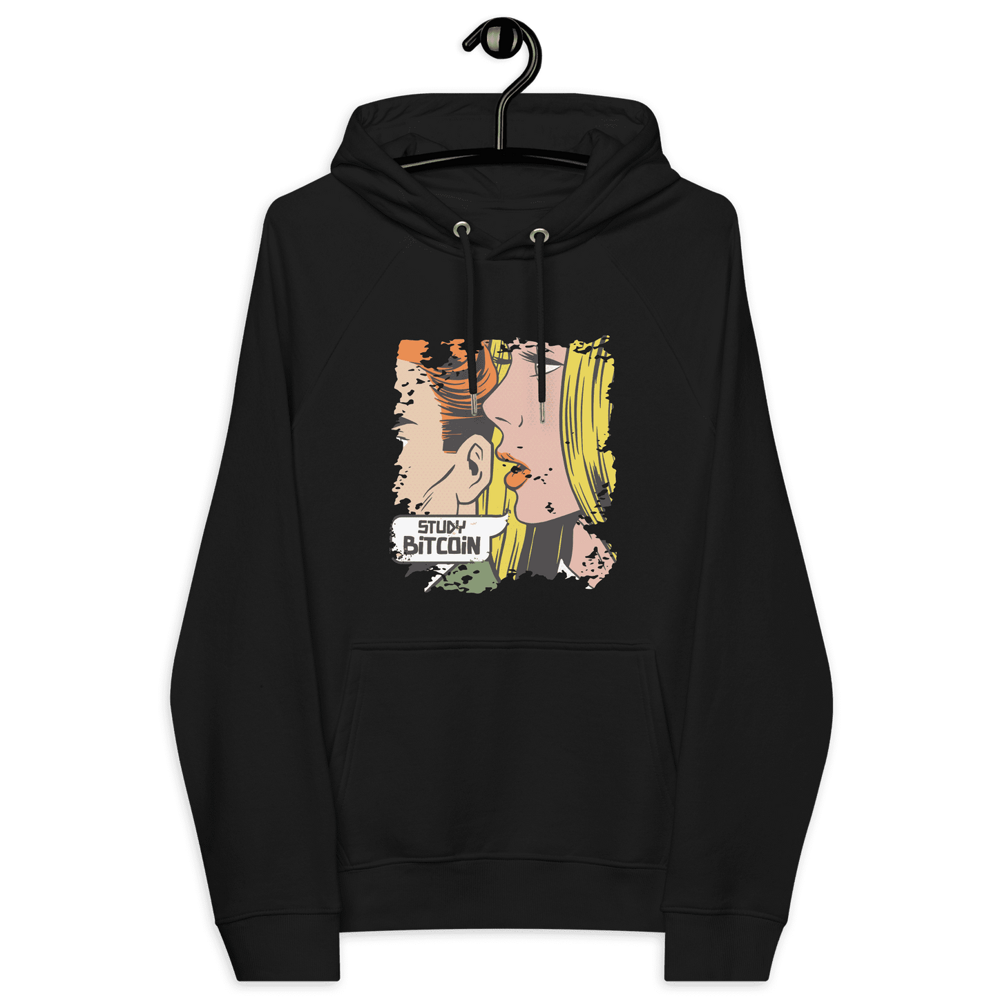 Front view of a black bitcoin hoodie.
