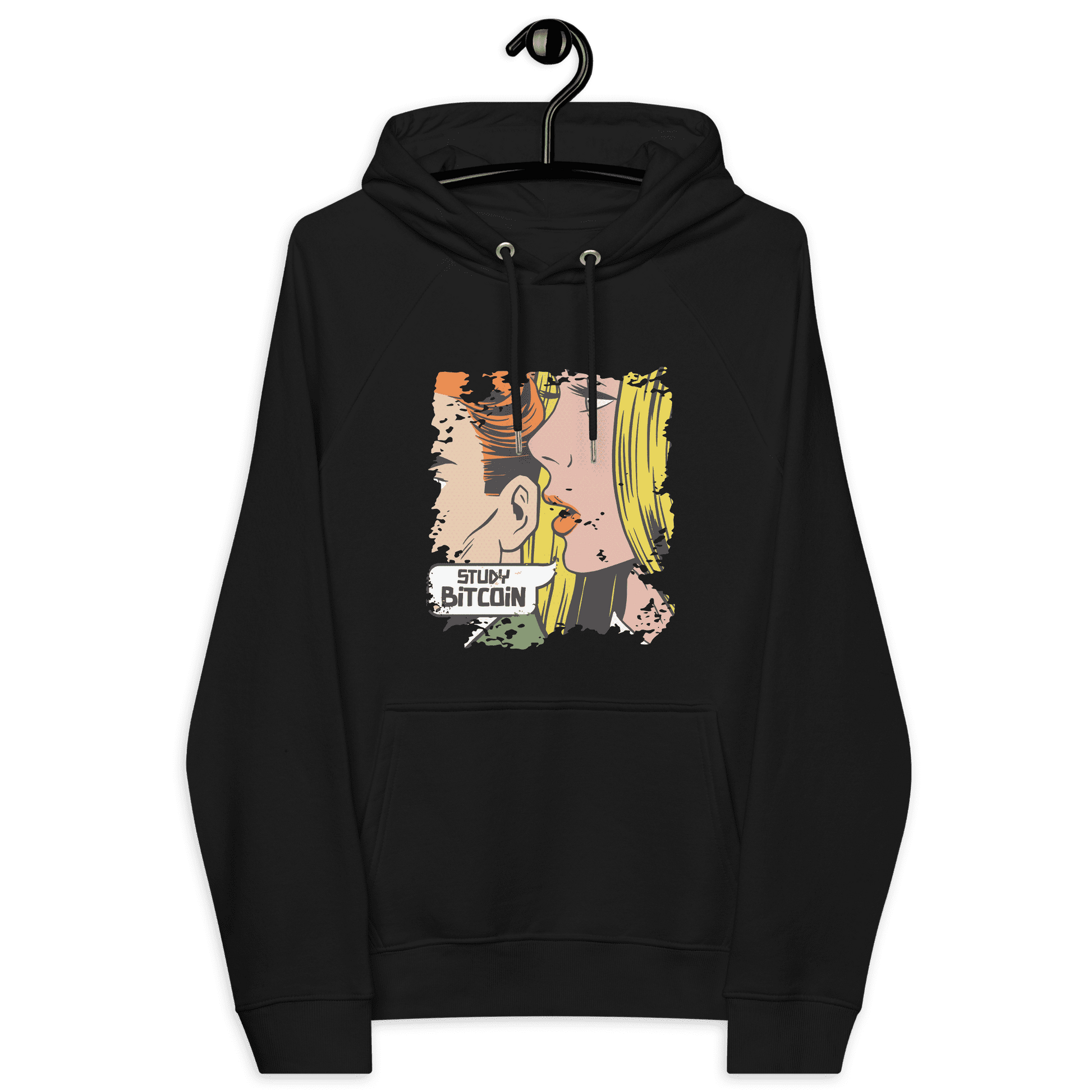 Front view of a black bitcoin hoodie.