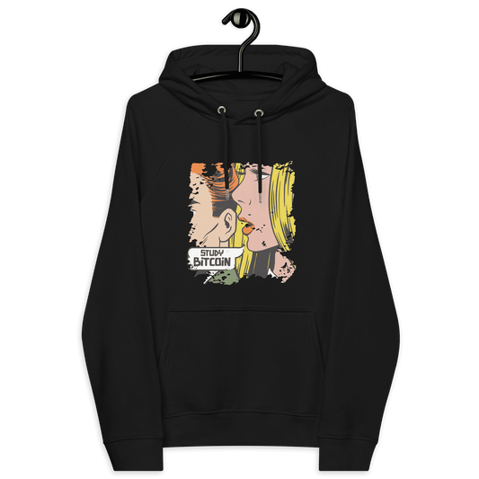 Front view of a black bitcoin hoodie.