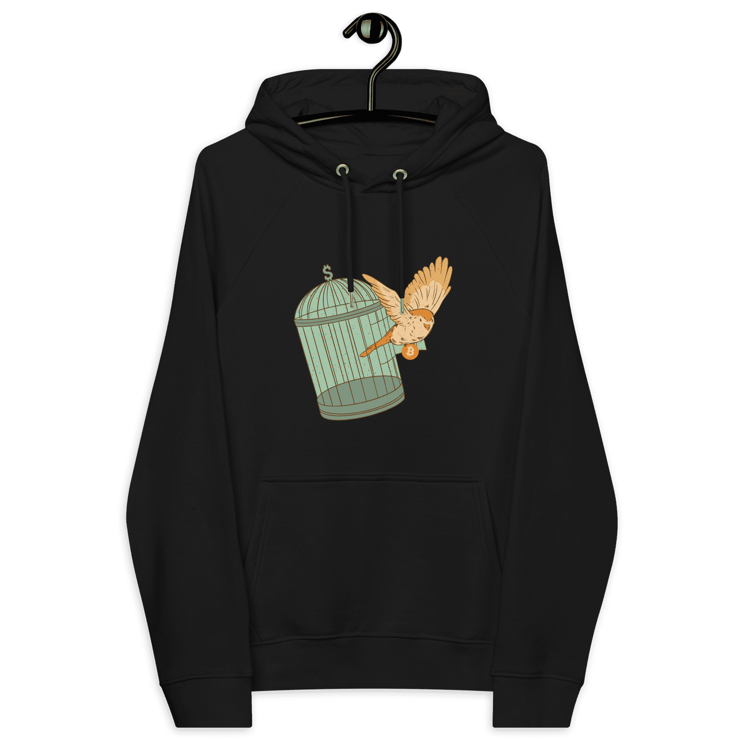 Front view of a black bitcoin hoodie.