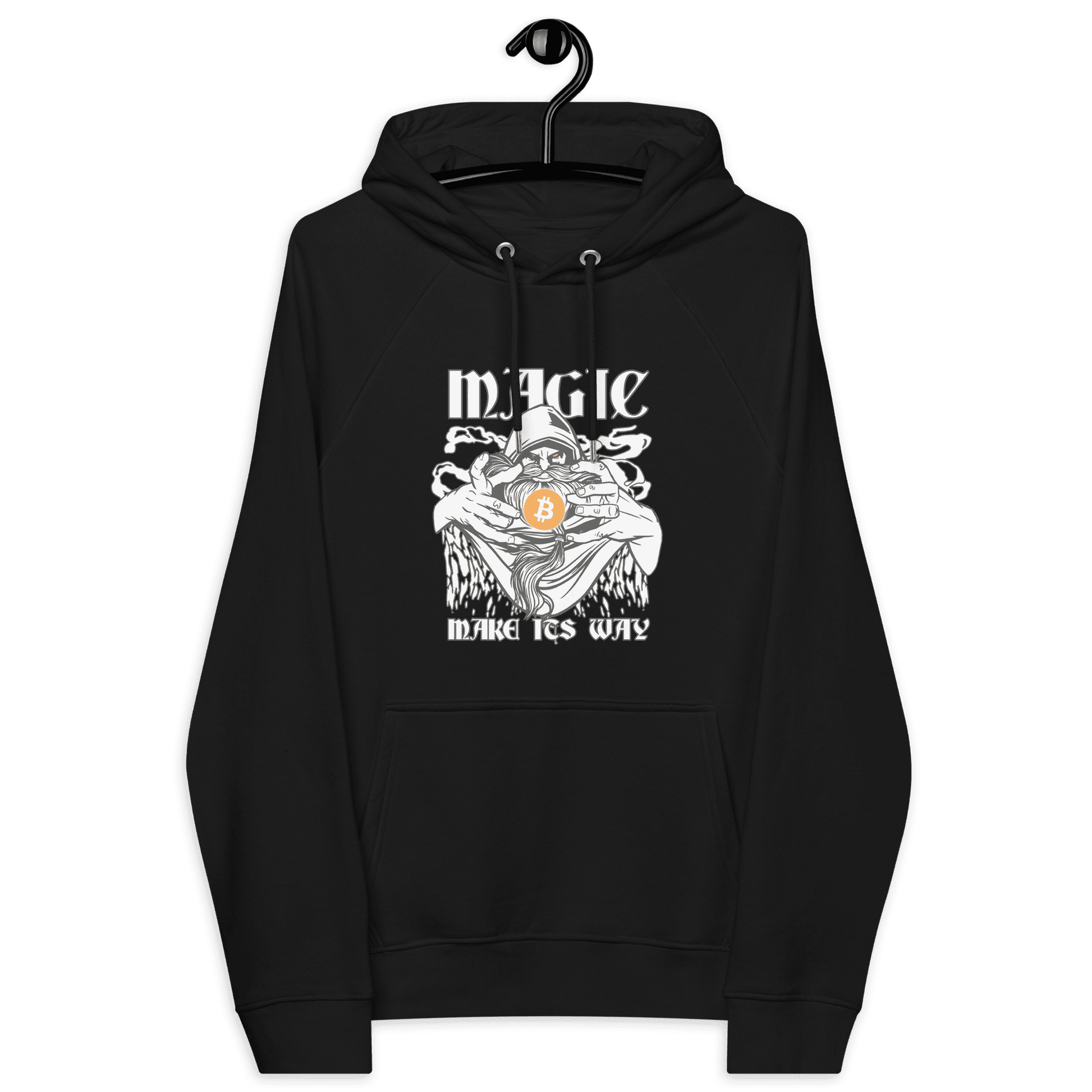 Front view of a black bitcoin hoodie.
