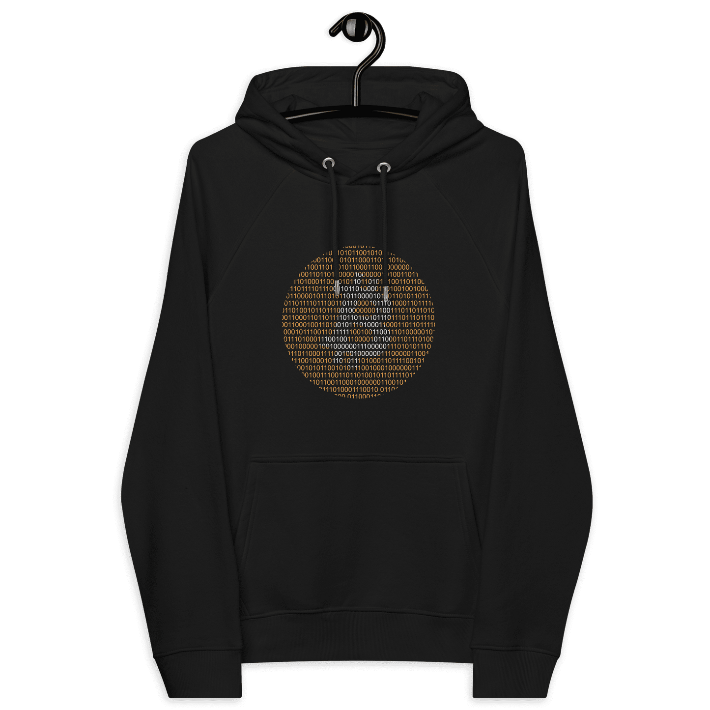 Front view of a black bitcoin hoodie.