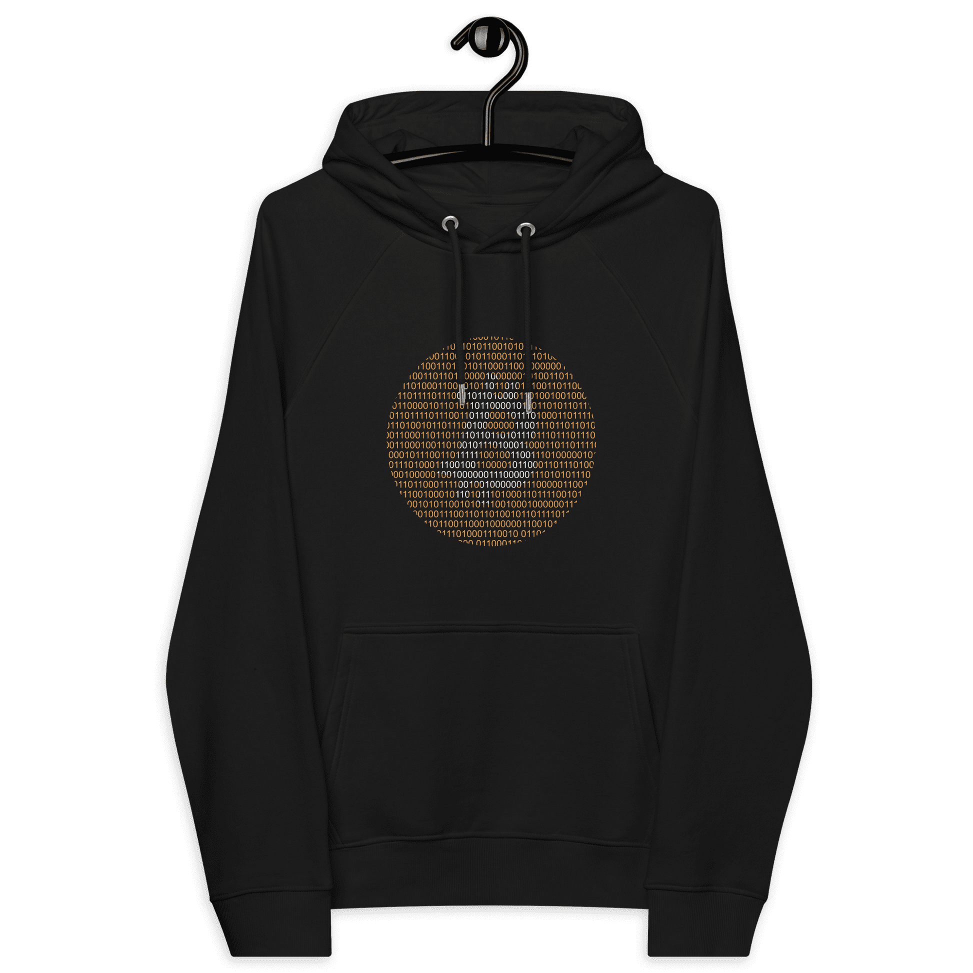 Front view of a black bitcoin hoodie.