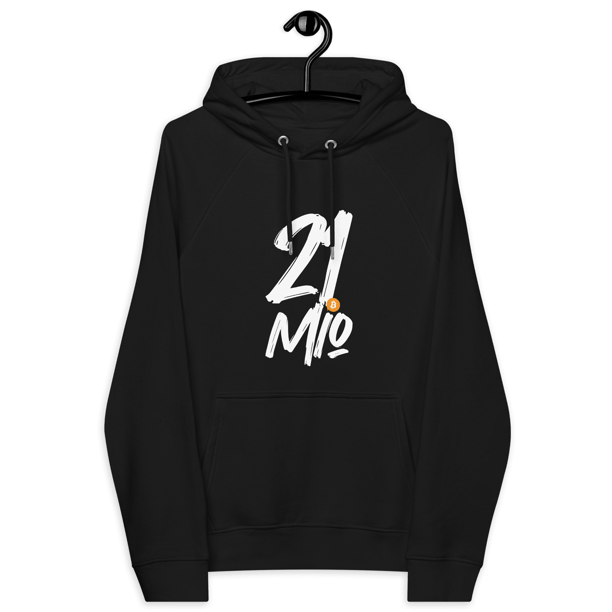 Front view of a black bitcoin hoodie.