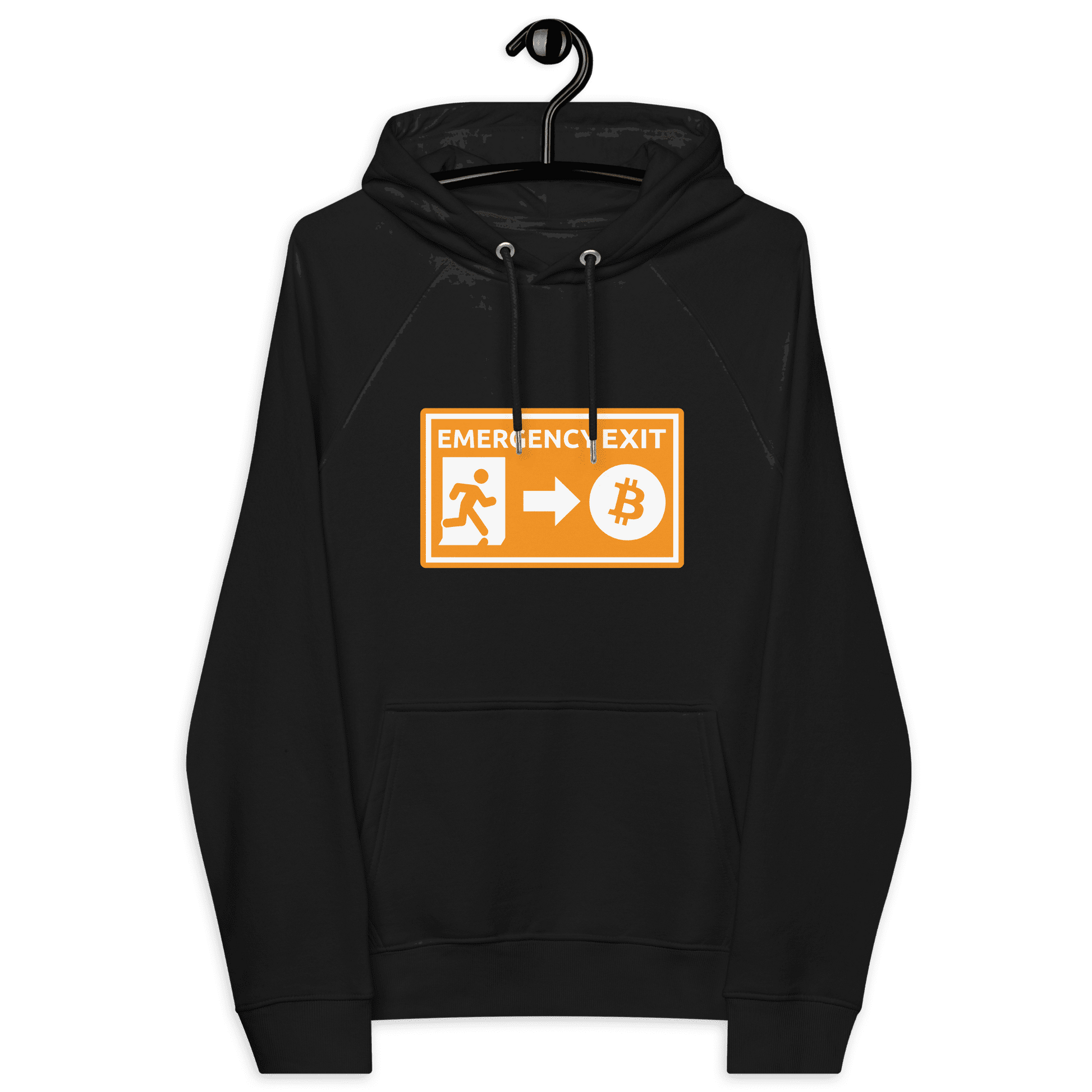 Front view of a black bitcoin hoodie.