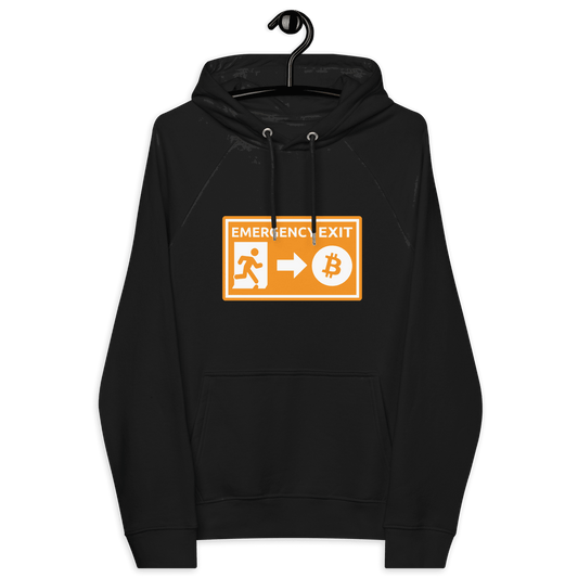 Front view of a black bitcoin hoodie.