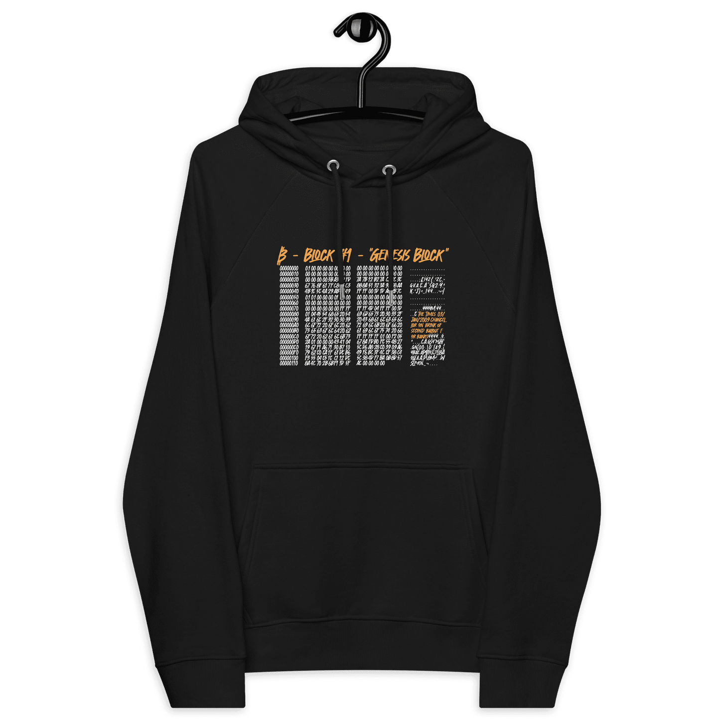 Front view of a black bitcoin hoodie.