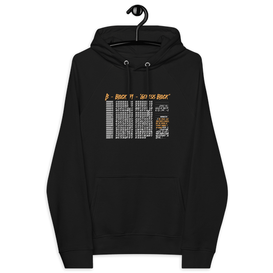 Front view of a black bitcoin hoodie.