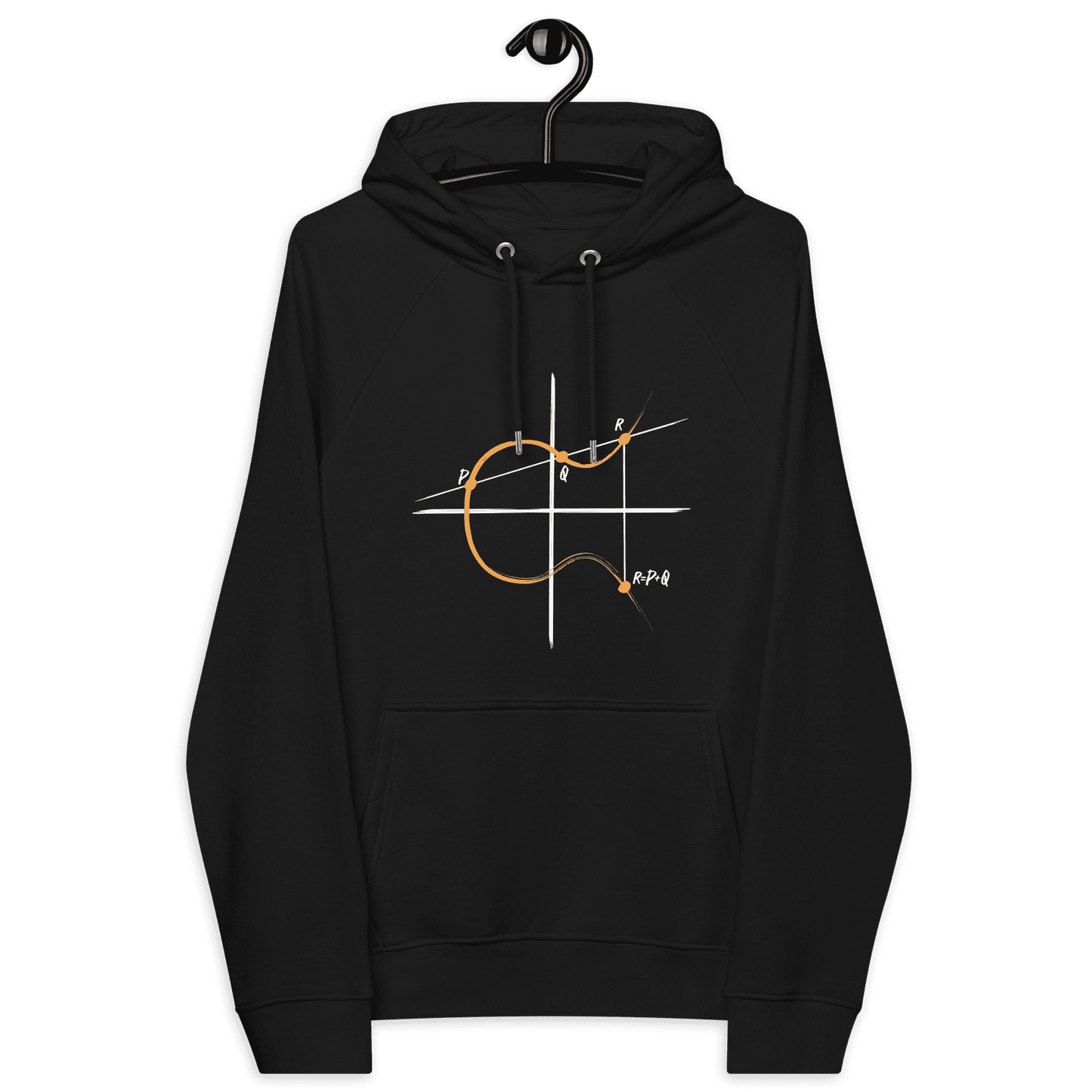 Front view of a black bitcoin hoodie.
