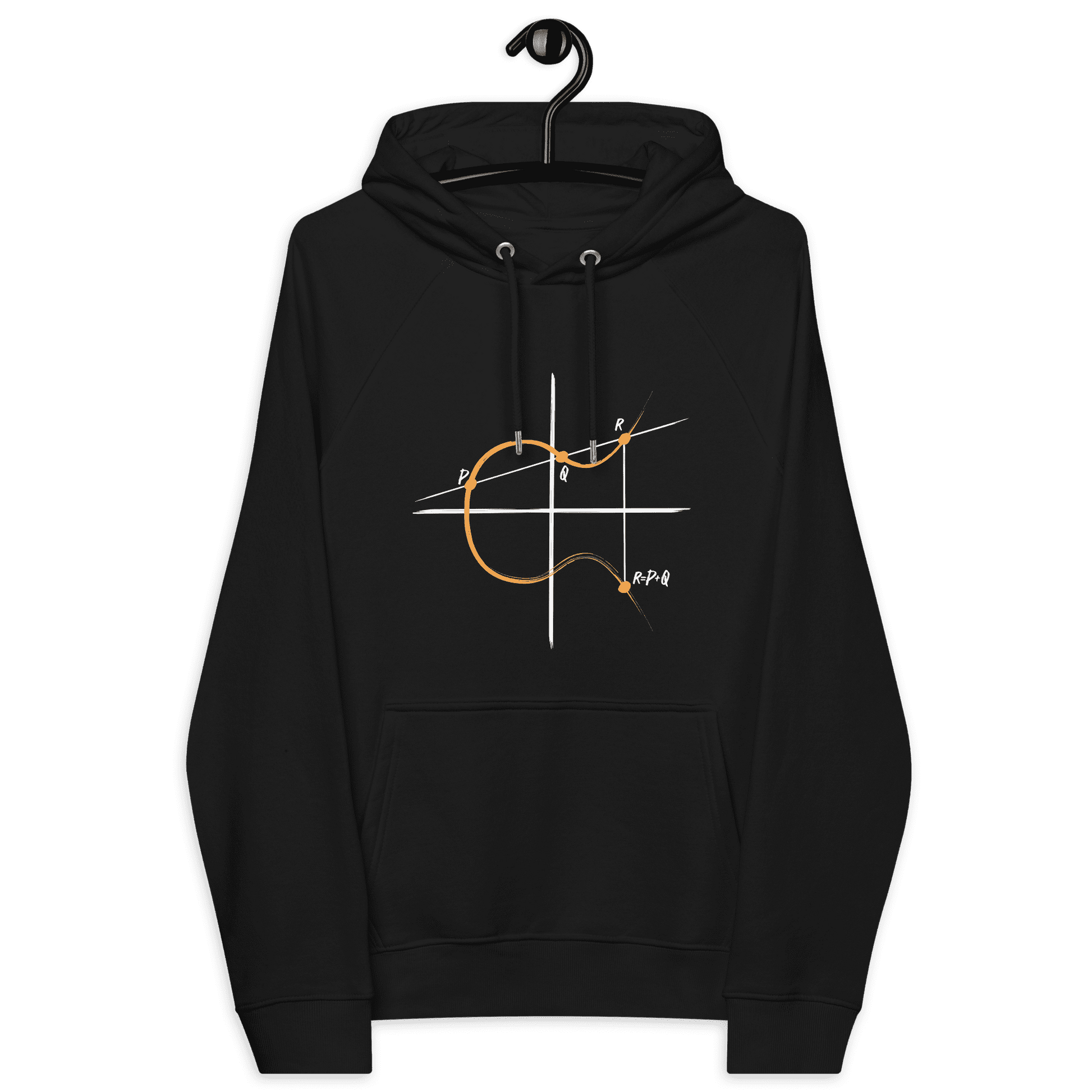 Front view of a black bitcoin hoodie.