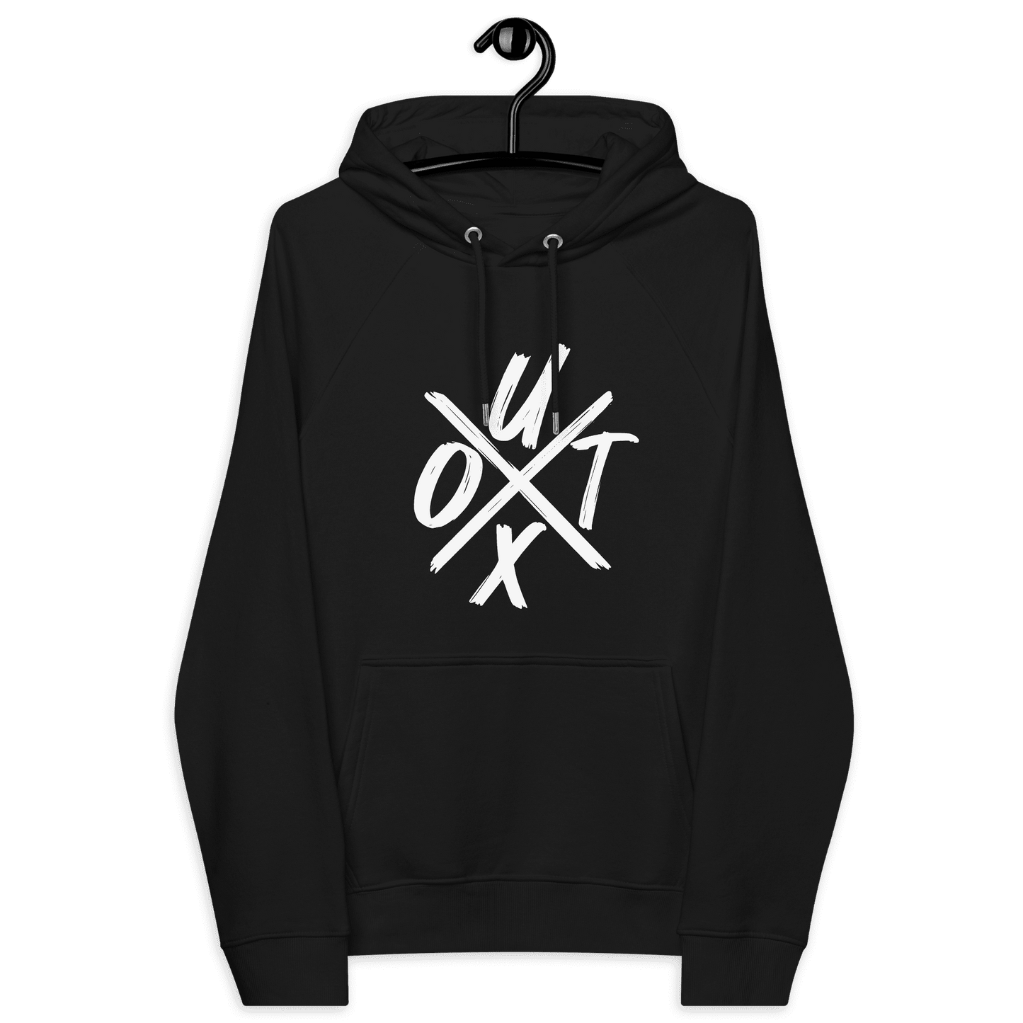 Front view of a black bitcoin hoodie.