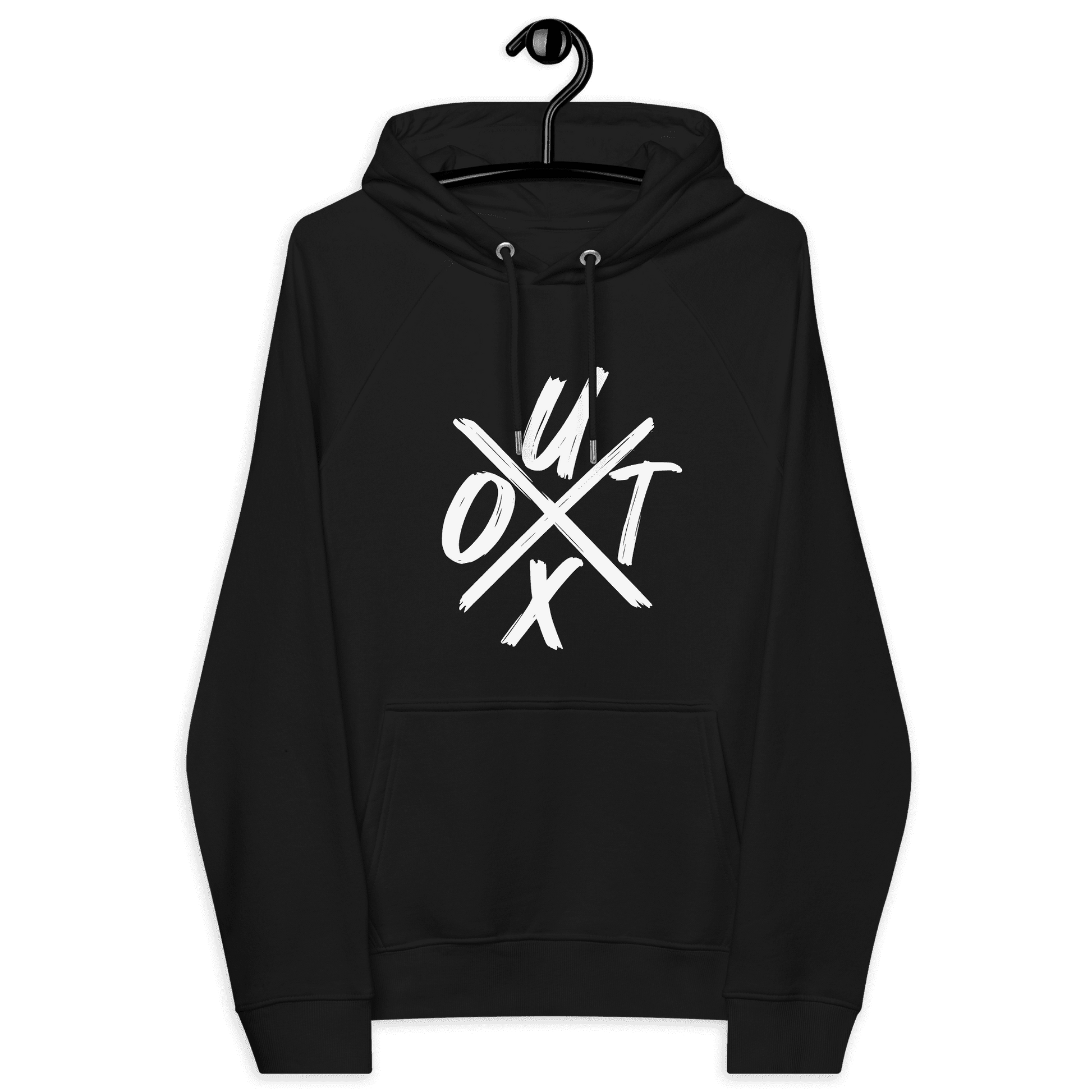 Front view of a black bitcoin hoodie.