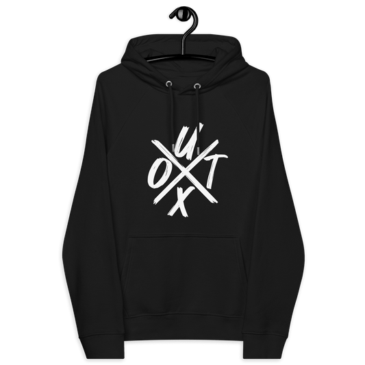 Front view of a black bitcoin hoodie.
