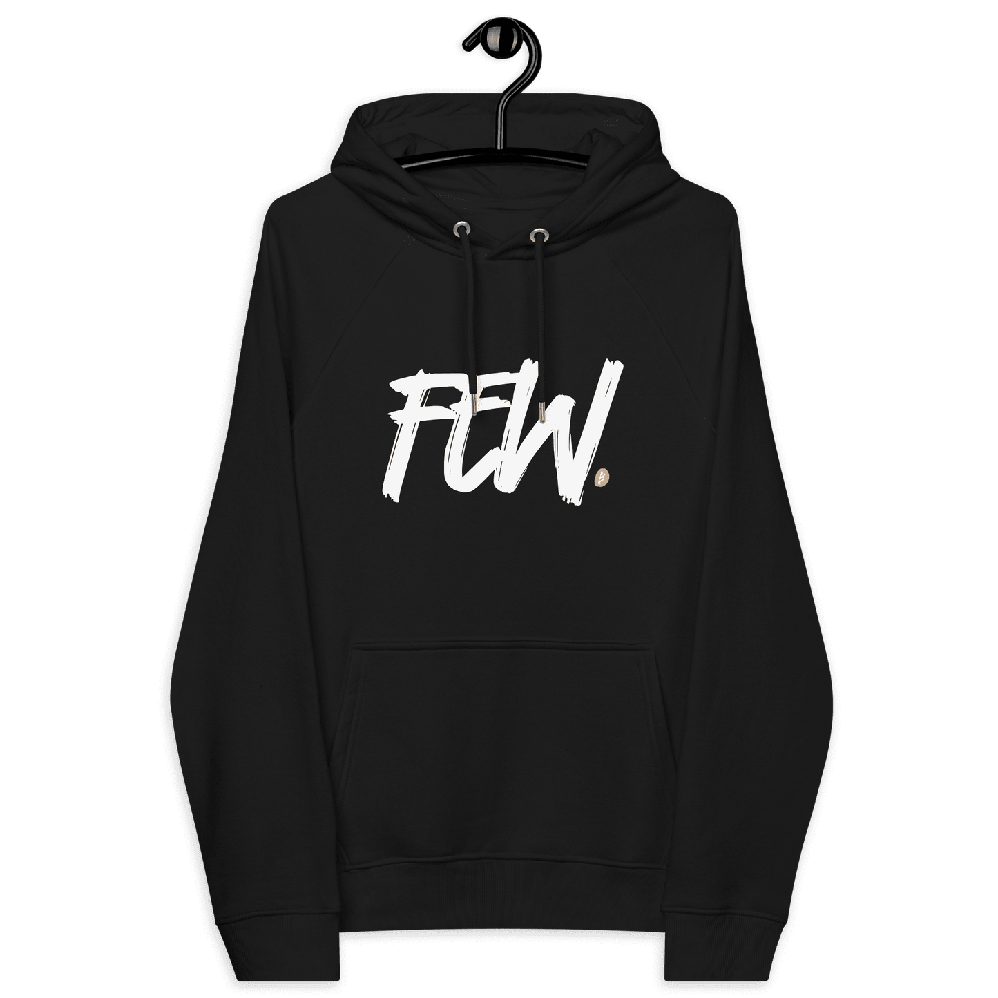 Front view of a black bitcoin hoodie.