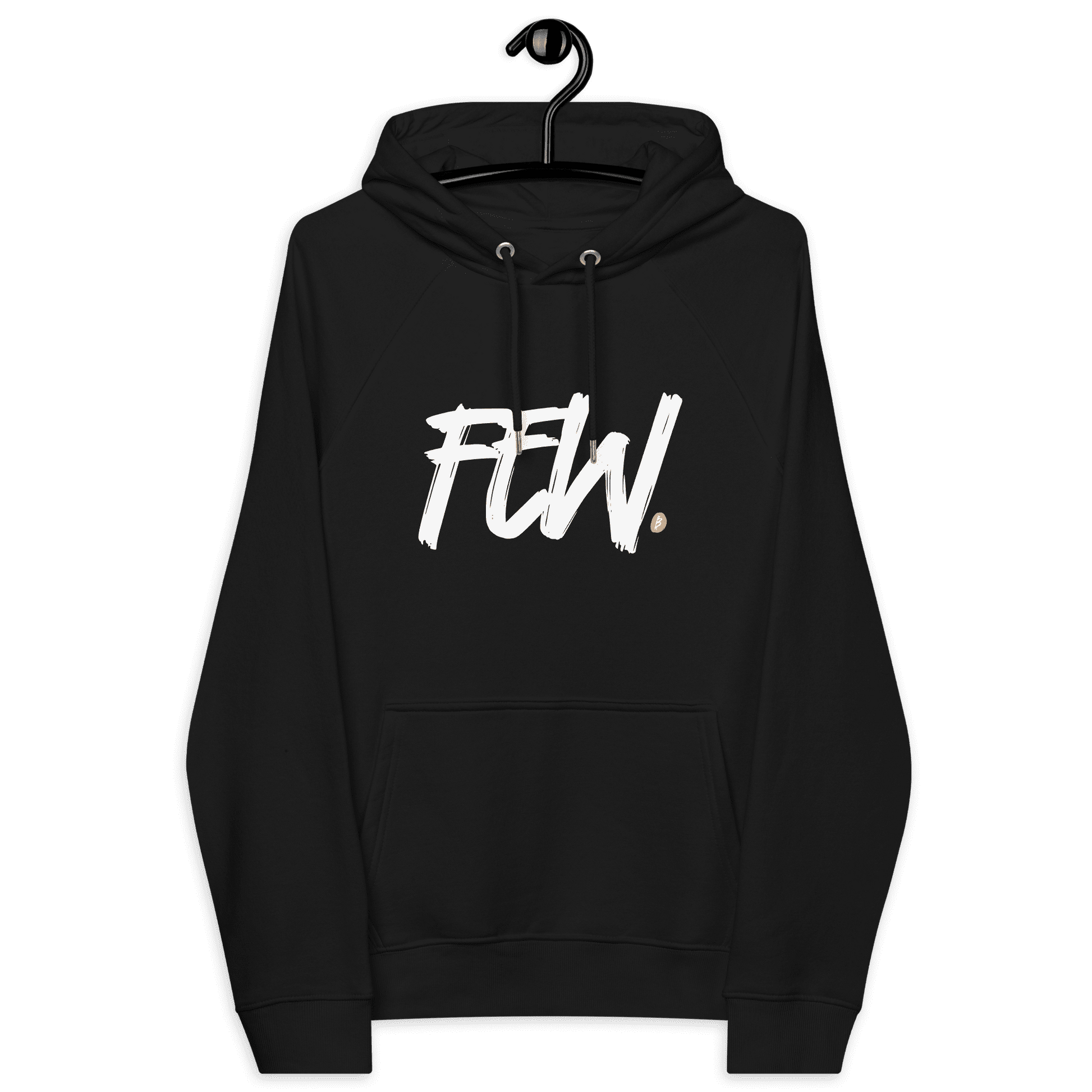 Front view of a black bitcoin hoodie.