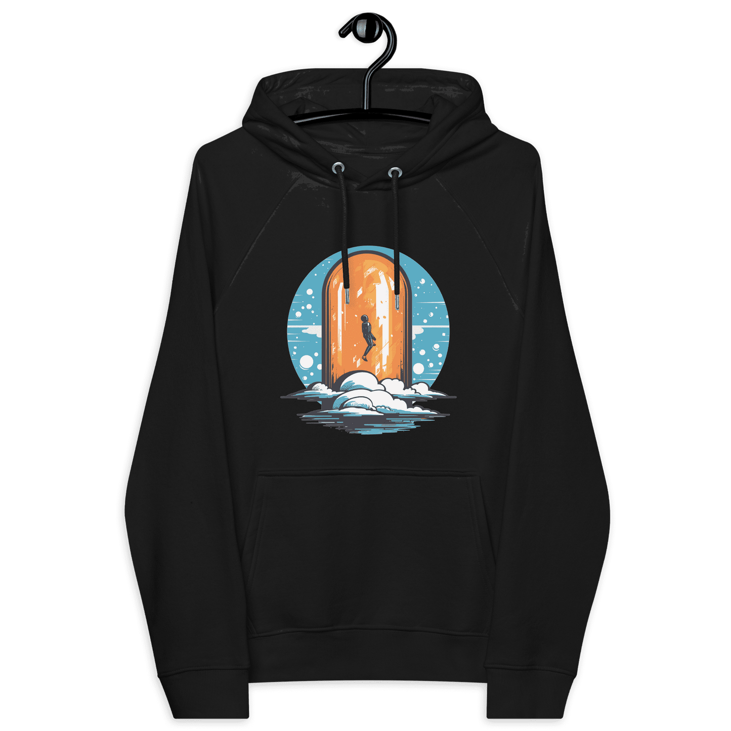 Front view of a black bitcoin hoodie.
