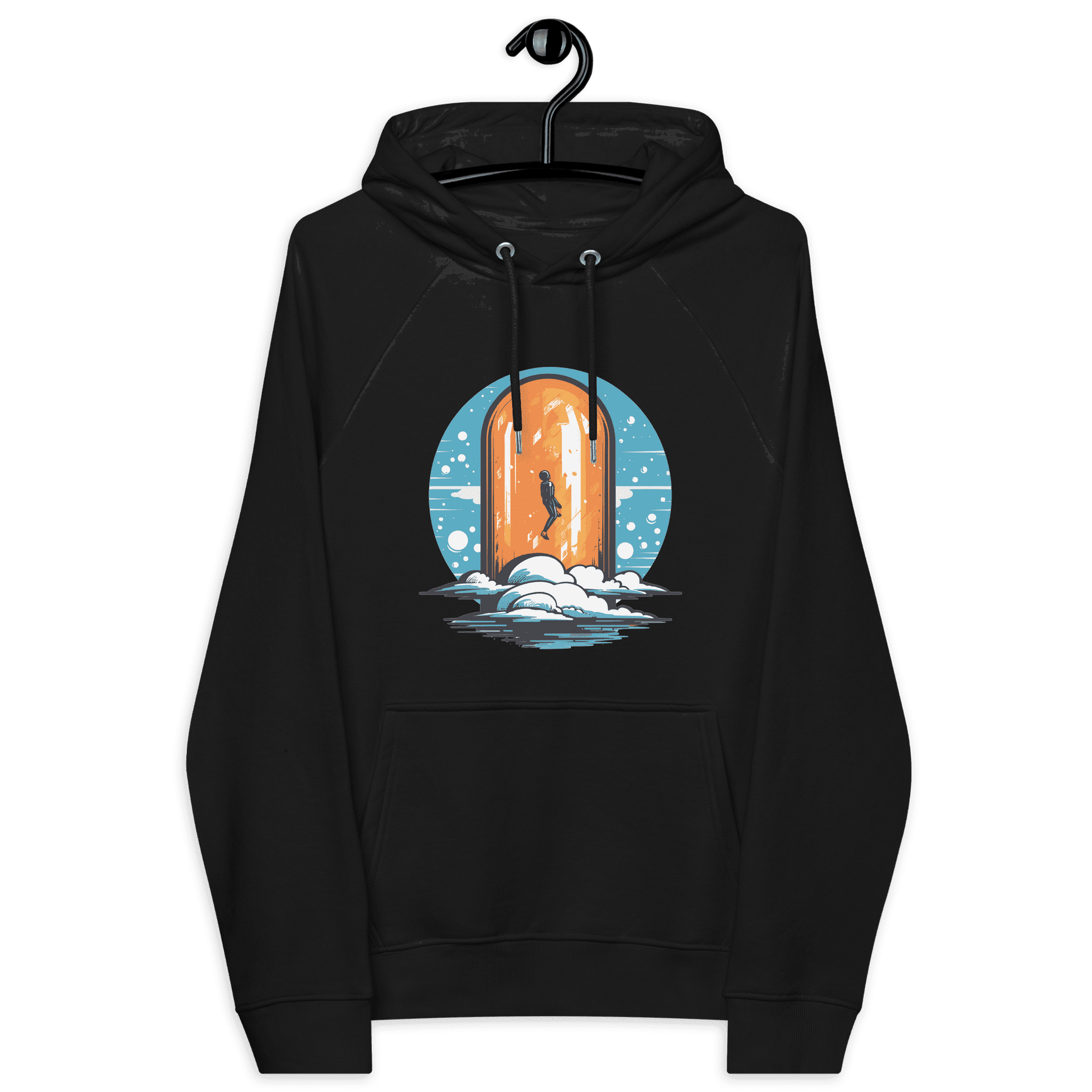 Front view of a black bitcoin hoodie.