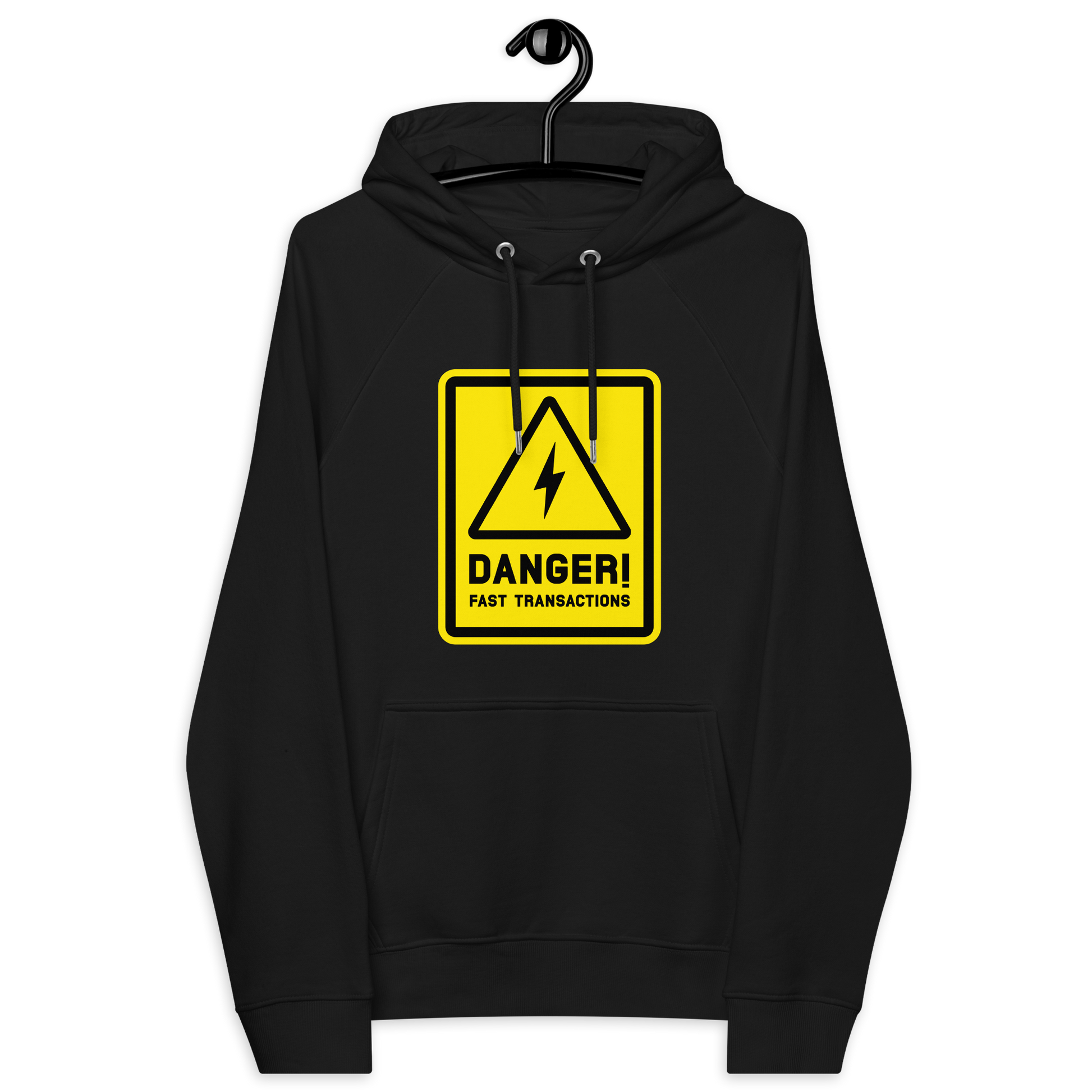 Front view of a black bitcoin hoodie.