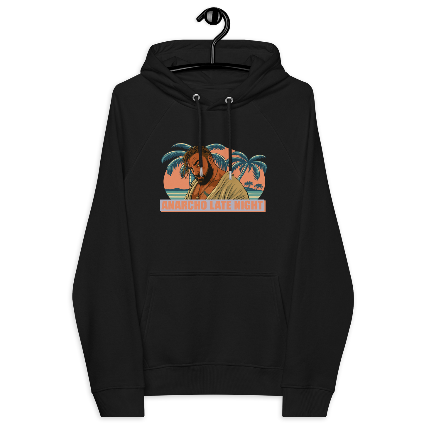 Front view of a black aln hoodie.