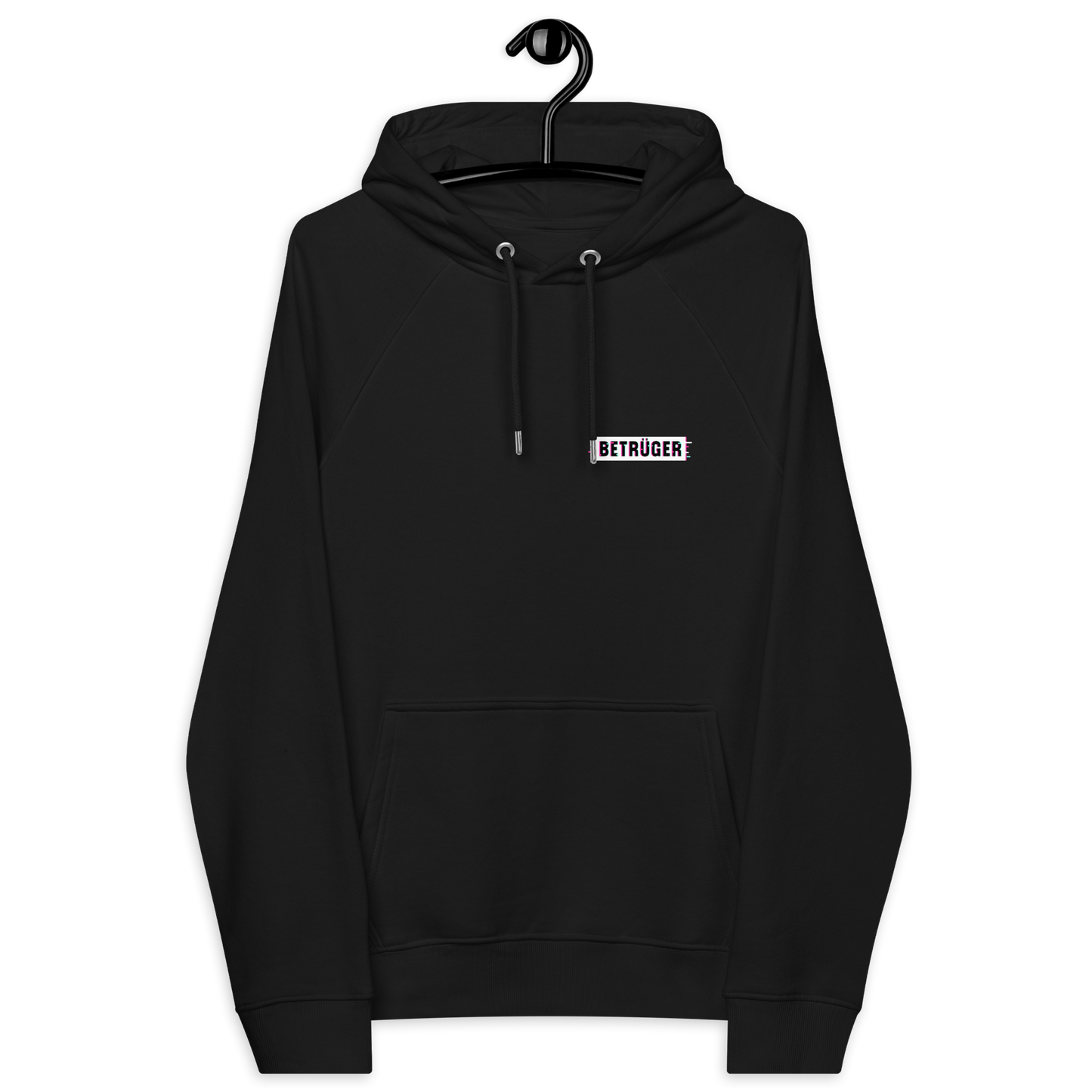 Front view of a black aln hoodie.