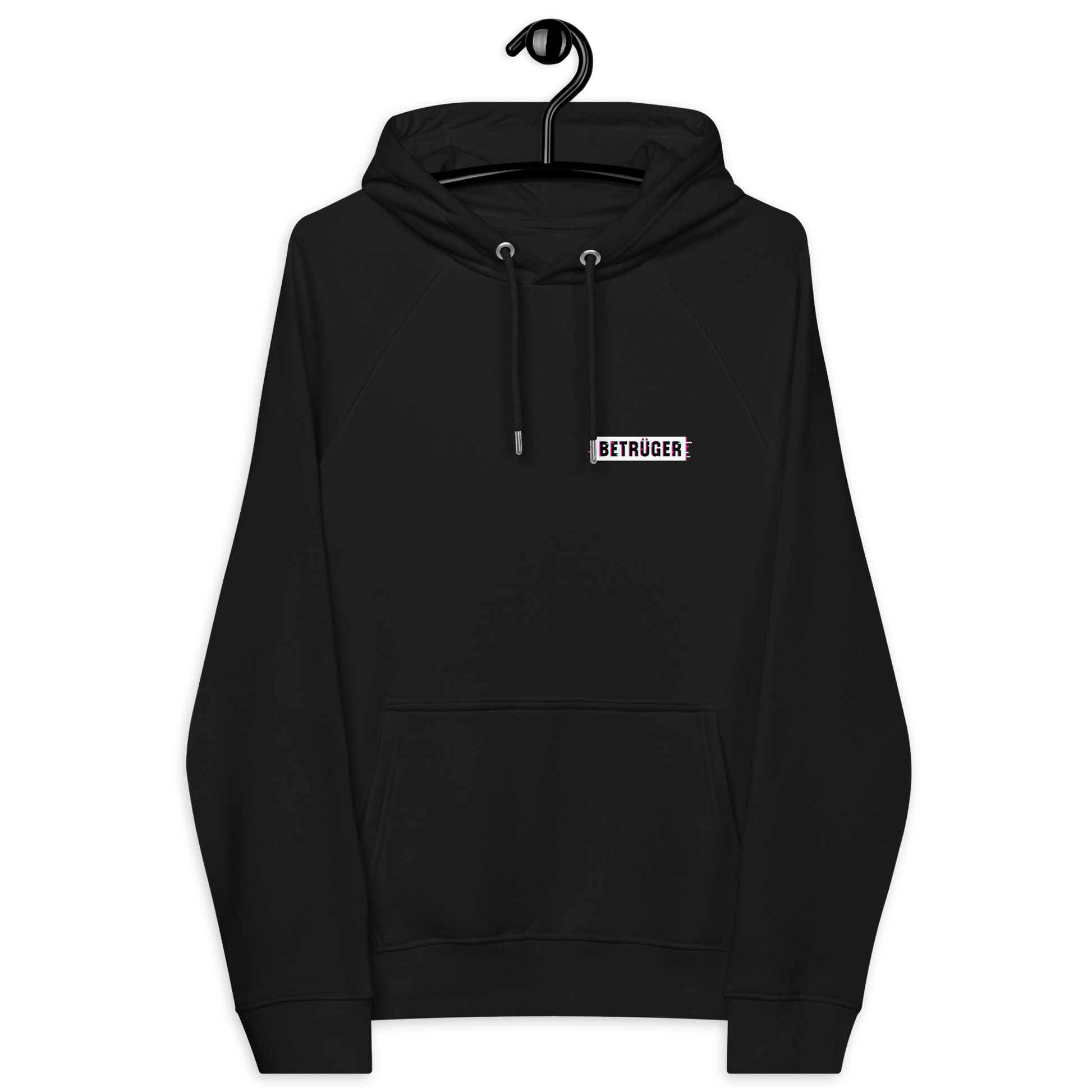 Front view of a black aln hoodie.