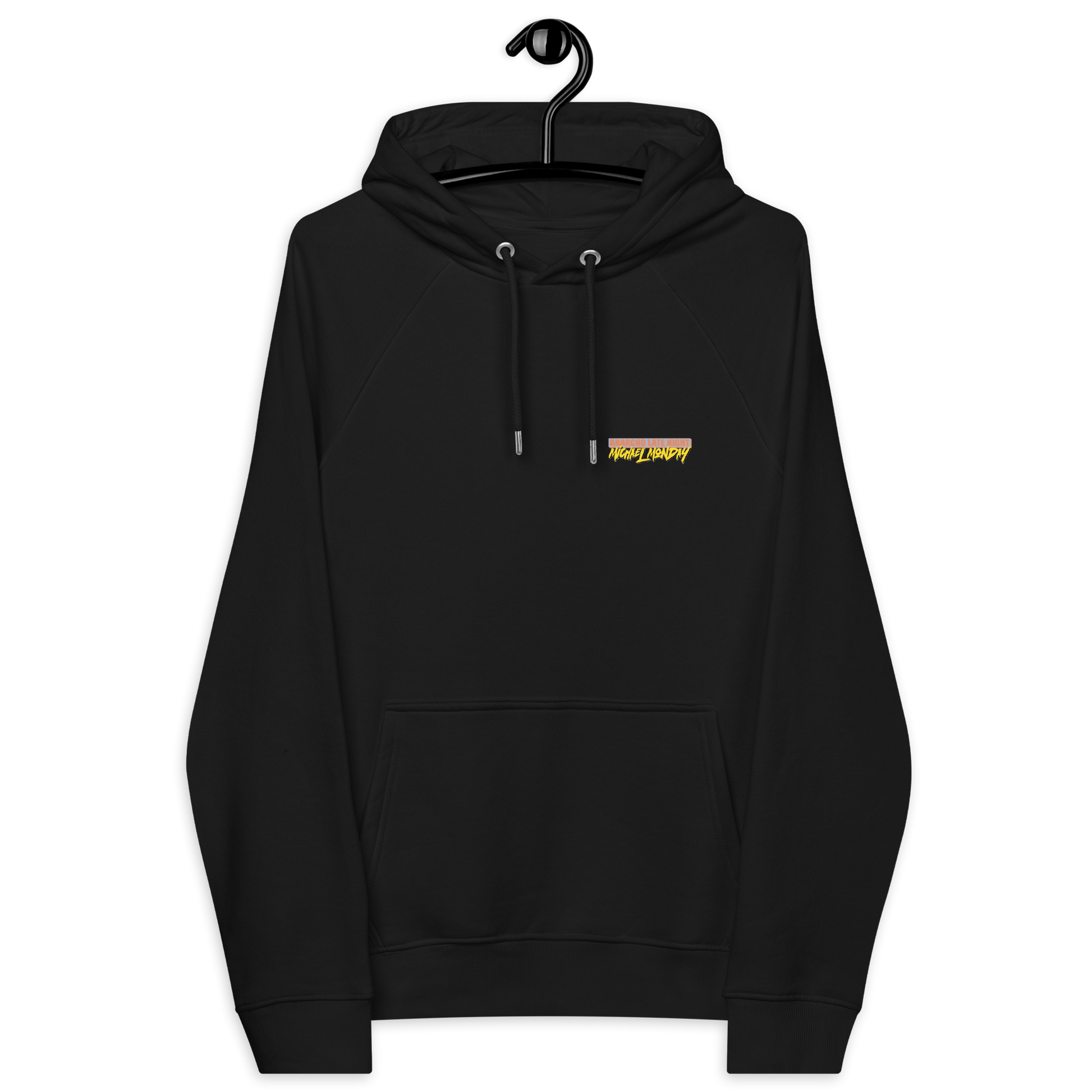 Front view of a black aln hoodie.