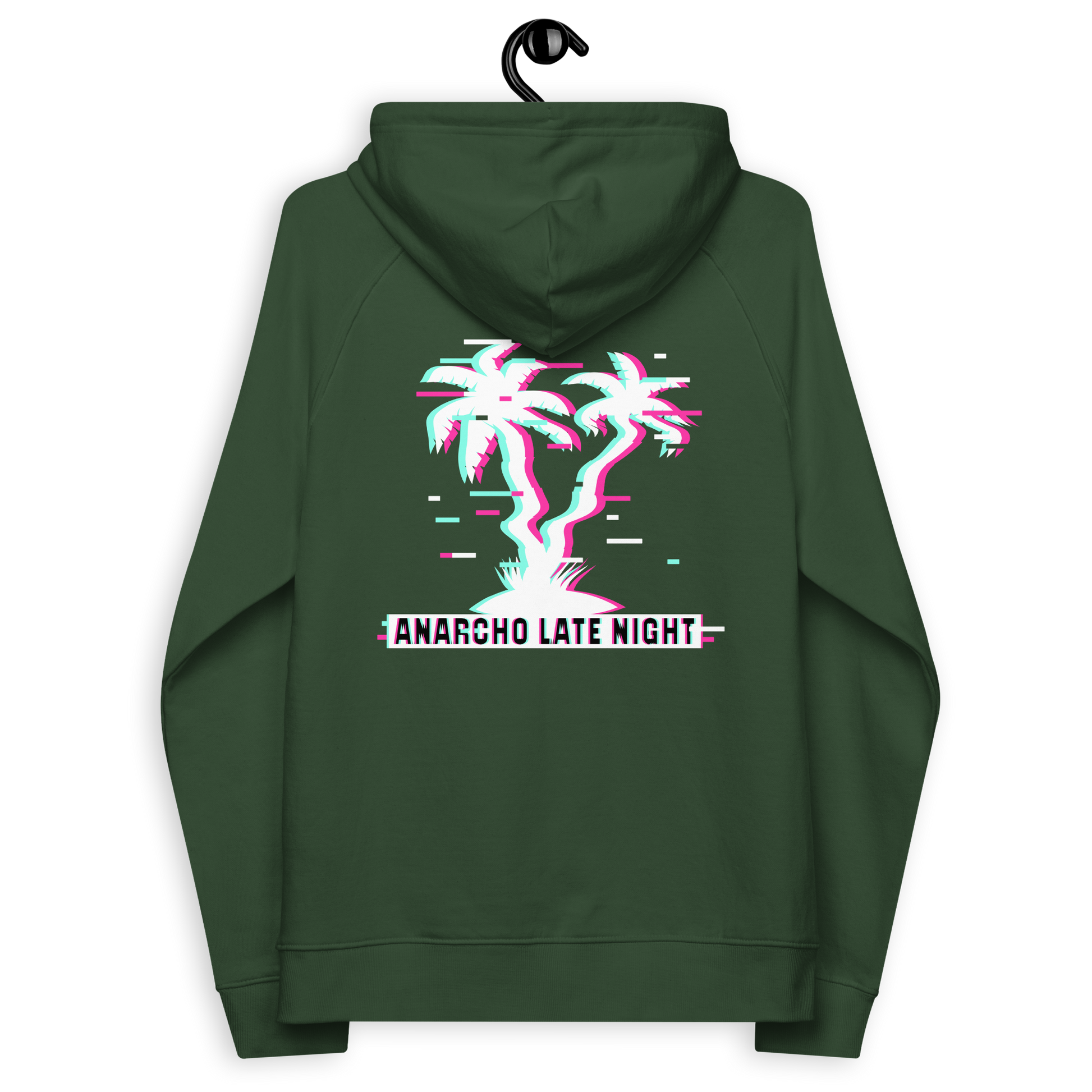Back view of a bottle green colored aln hoodie.